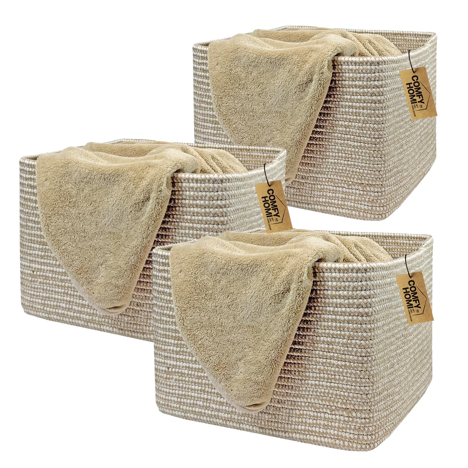3PACK Cotton Rope Square Basket with Handles for Shelves (3 Count)