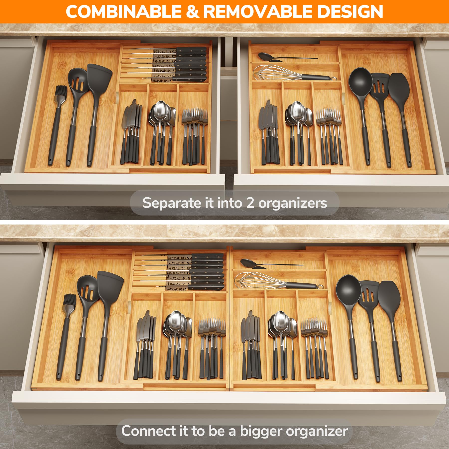 Expandable Silverware Drawer Organizer with Removable Knife Blocks
