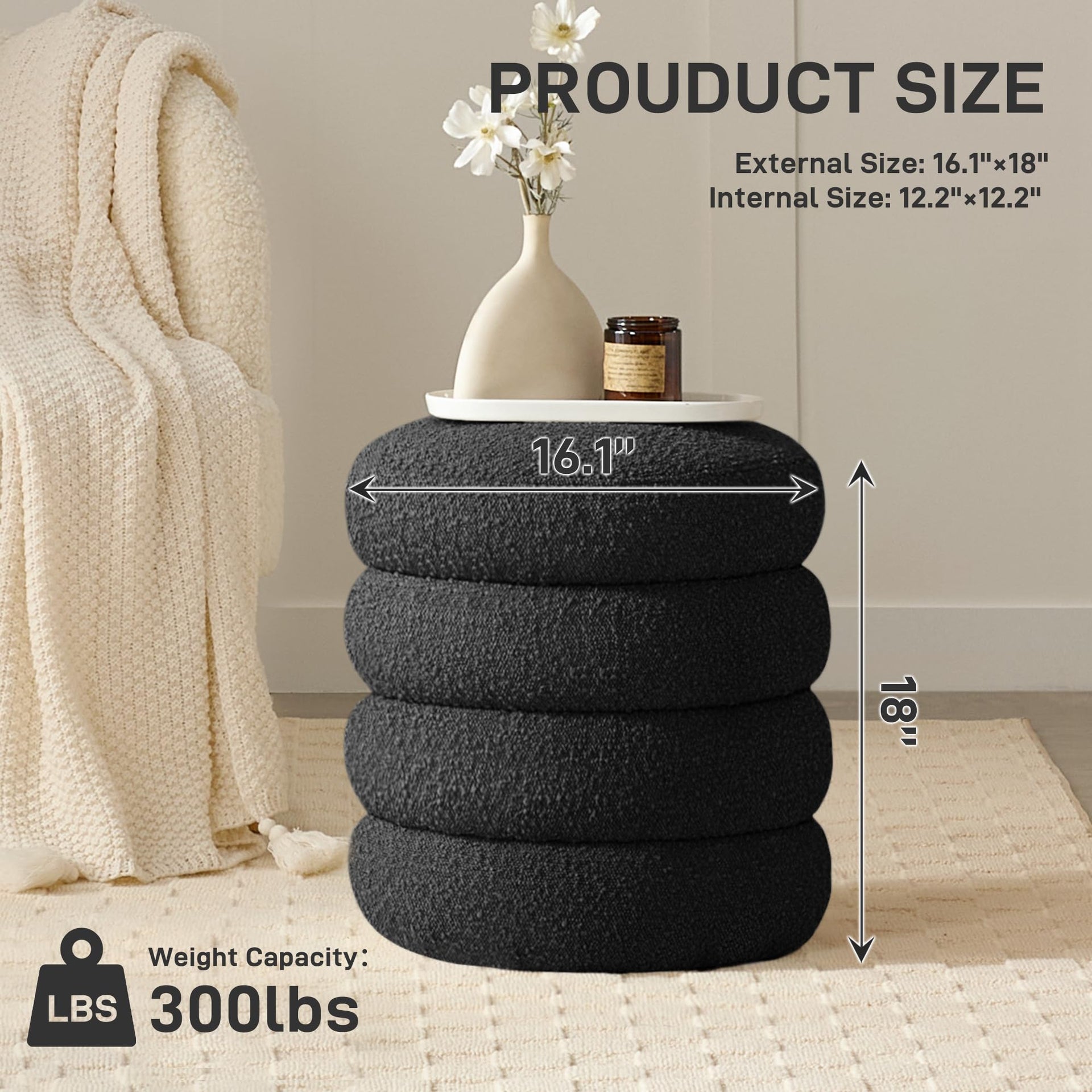 Round Ottoman with Storage Boucle Ottoman