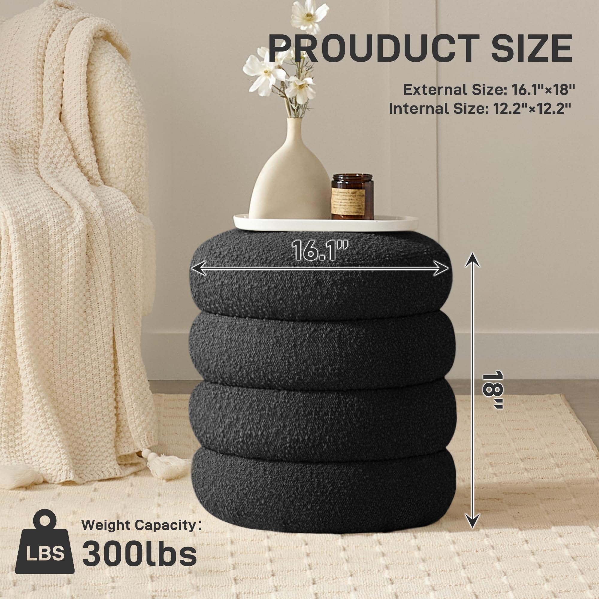 Round Ottoman with Storage Boucle Ottoman