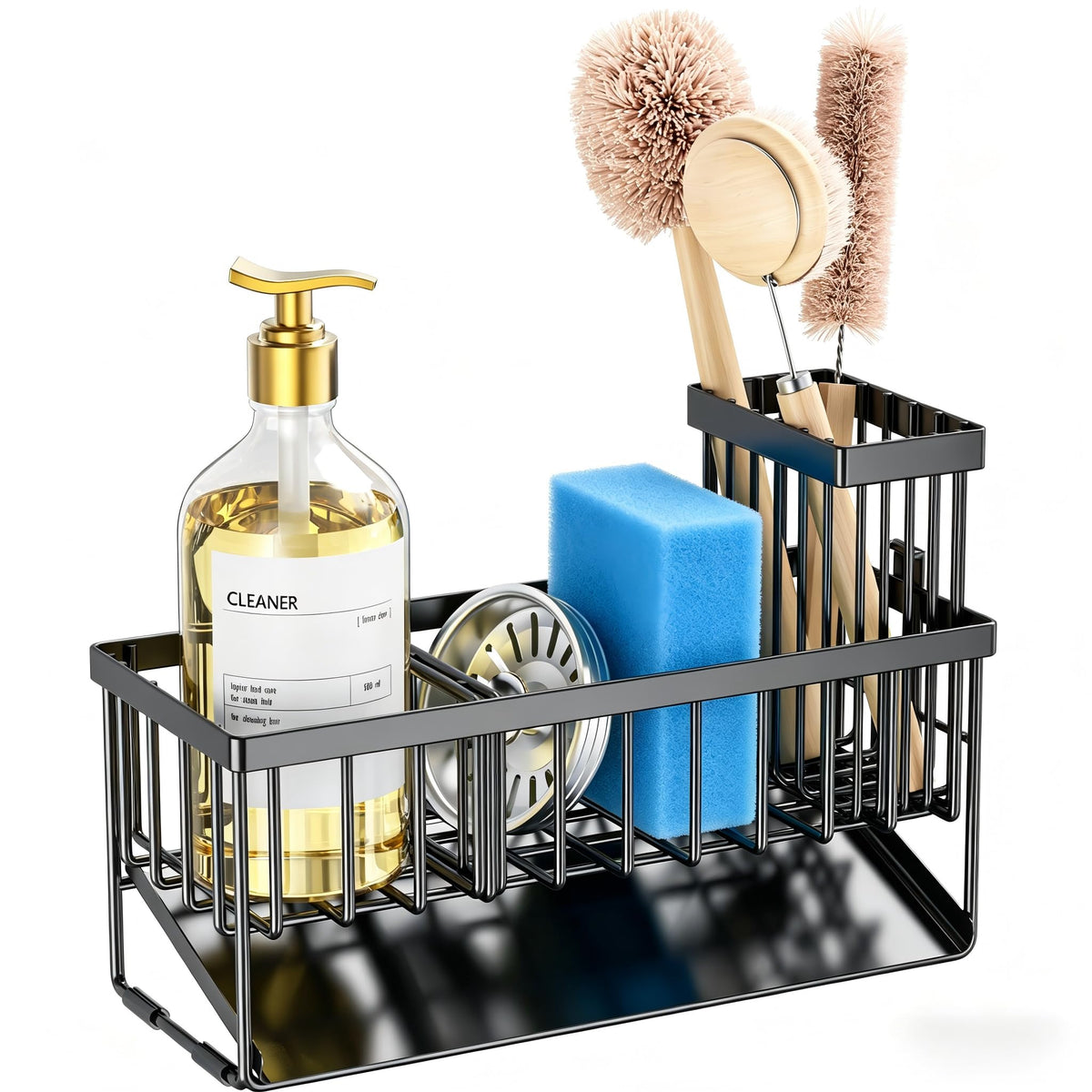 Sink Caddy Sponge Holder for Kitchen with Brush Holder and Stainless Steel Self Drain Tray