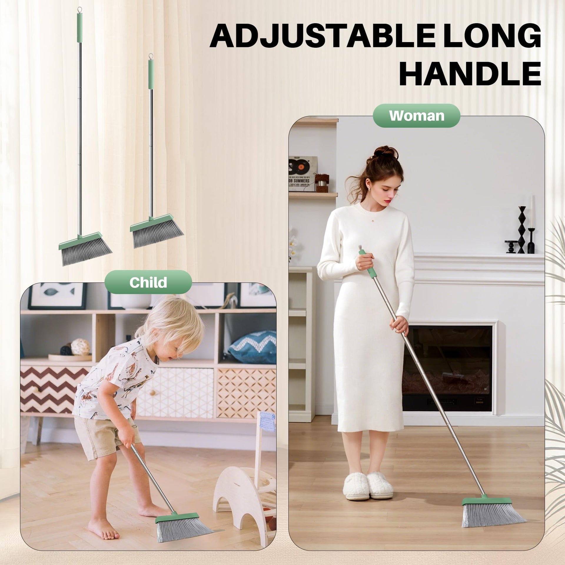 Dark Teal Green Broom and Dustpan Set with 56” Handle