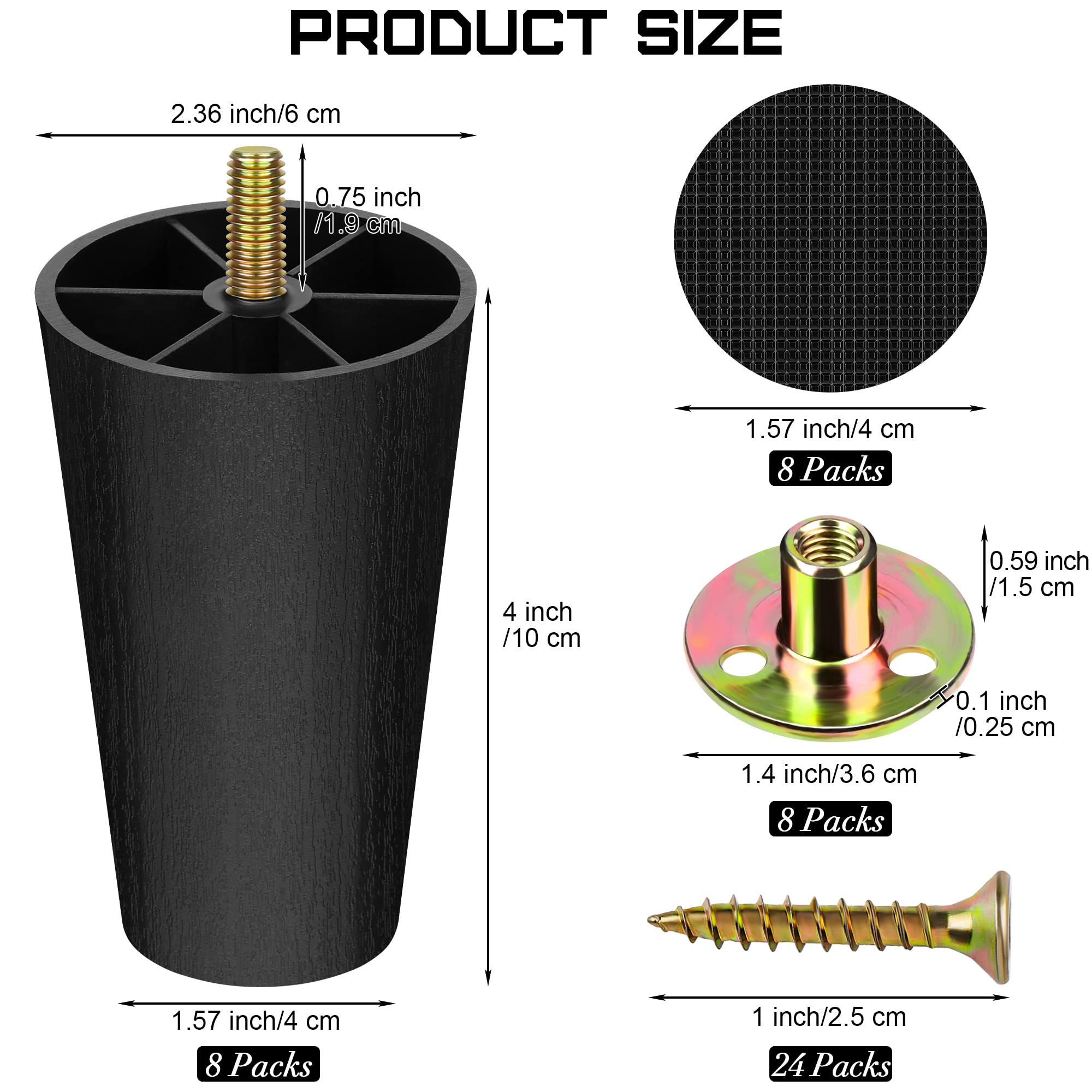 8 Pack 4 Inch Plastic Furniture Legs with M8 T (8 Count)