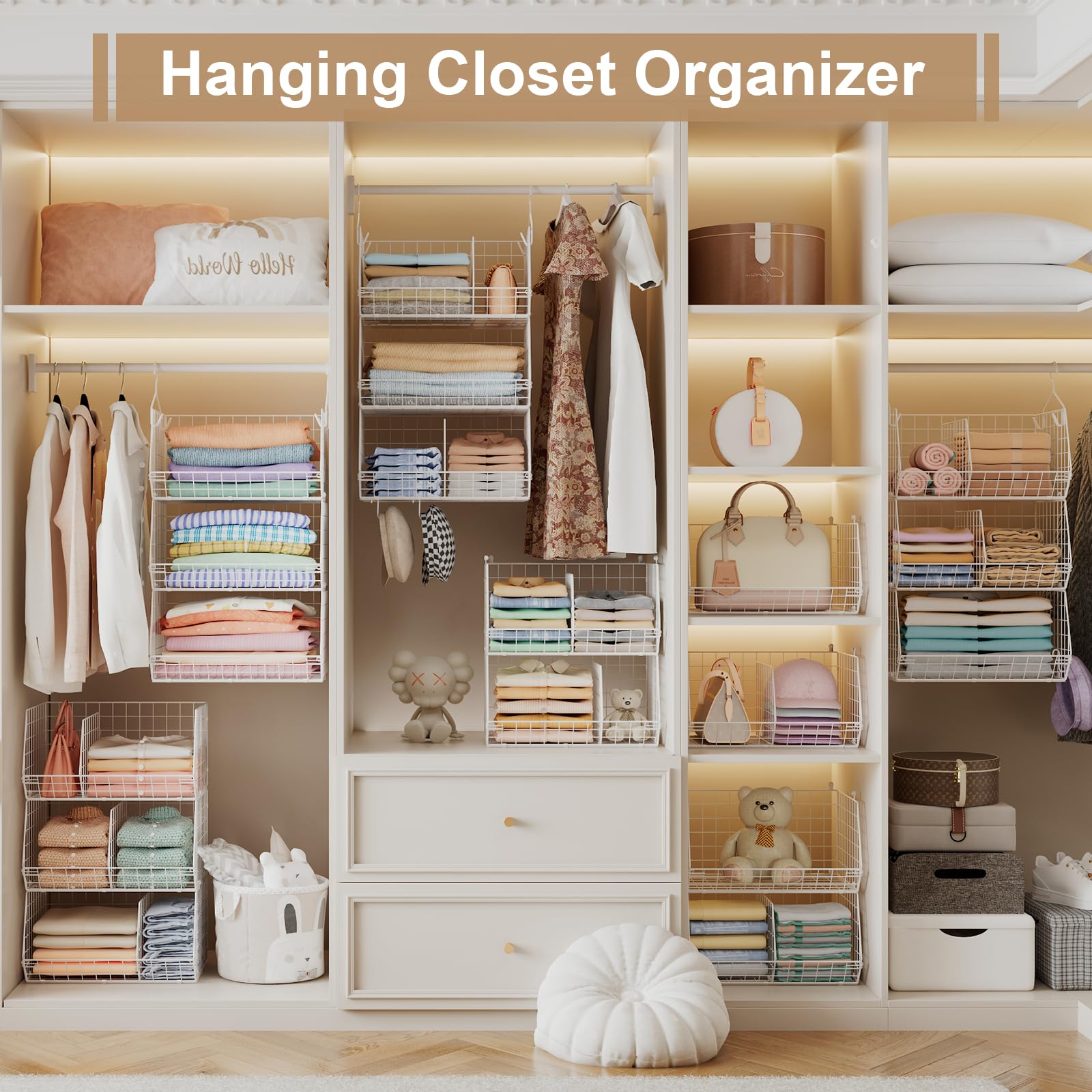 3 Tier Extra Large Closet Hanging Shelves with Divider (3 Count)