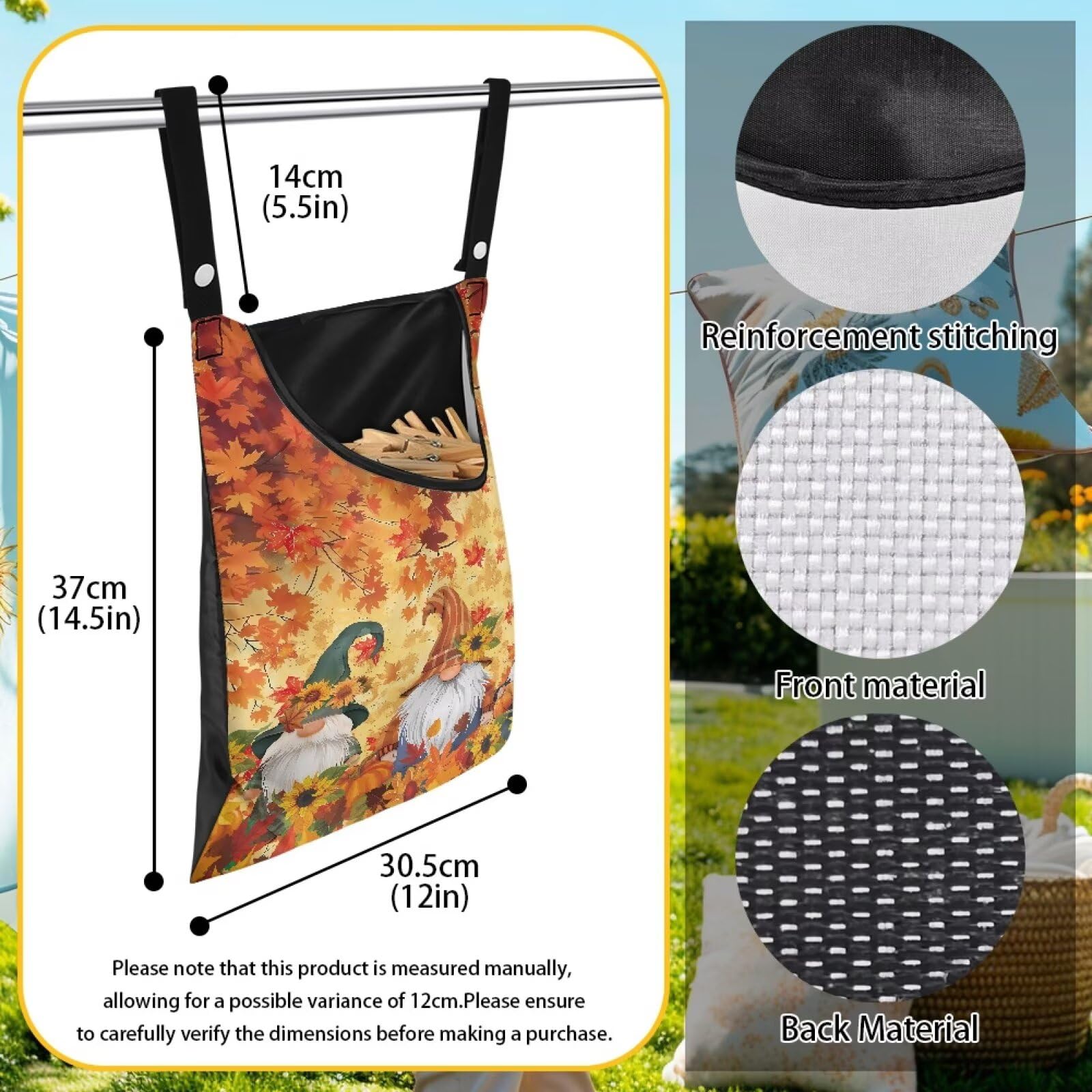 Autumn Goblins Clothespin Bag with Hanging Rope 14.5 x 12 Inch Summer Waterproof Laundry Clothes Pin Holder Clothespin Storage Organizer with Large Opening for Home Outdoor