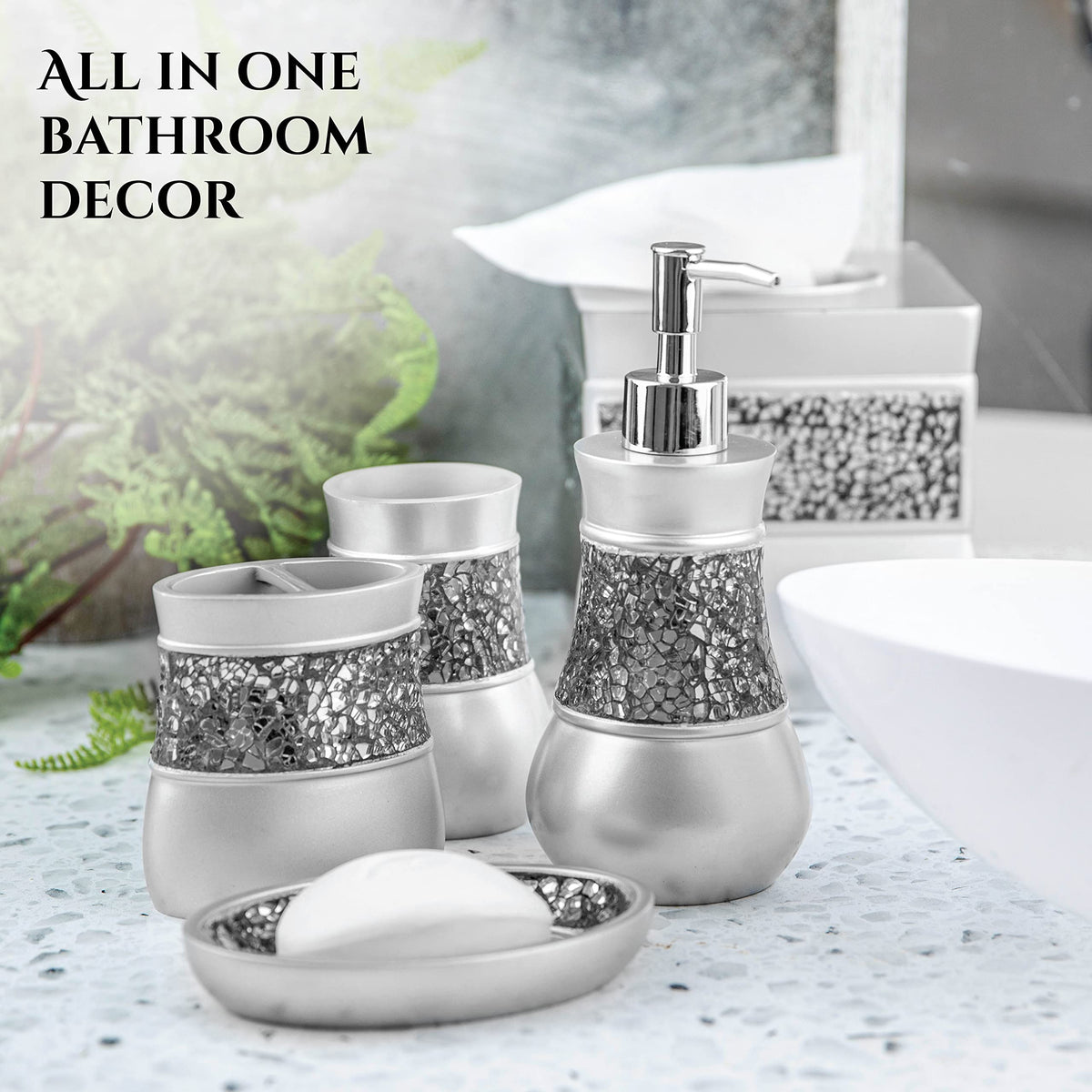 Crackled Glass 6 Pc. Silver Resin Bathroom Accessories Set (6 Count)