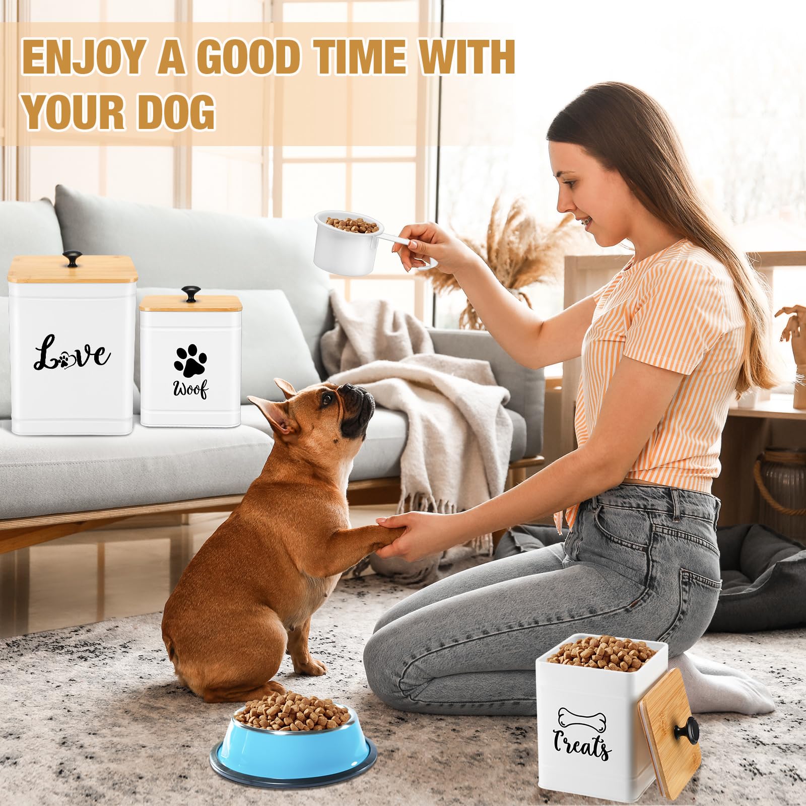 Metal Dog Treat Containers Set of 3 with Bamboo Lids and Spoon Airtight 7+3+2 lbs Dog Food Snack Jars with DIY Labels Big Pet Cookie Storage Jar for Kitchen Counter (3 Count)