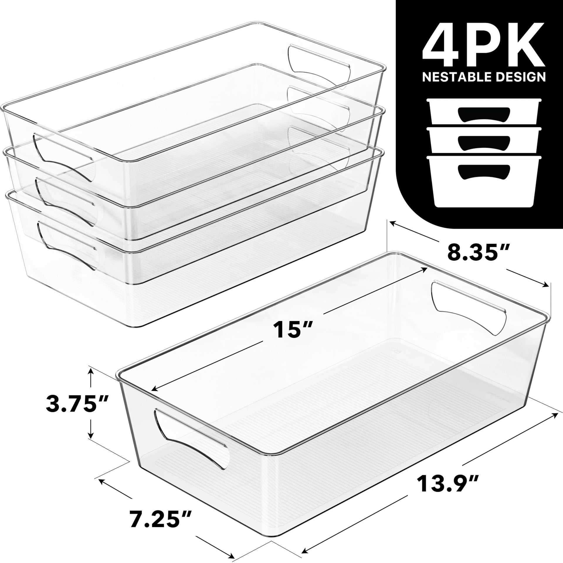 4 Pcs Kitchen Clear Bin Storage Organizer 15" x 8" x 3.75" (4 Count)