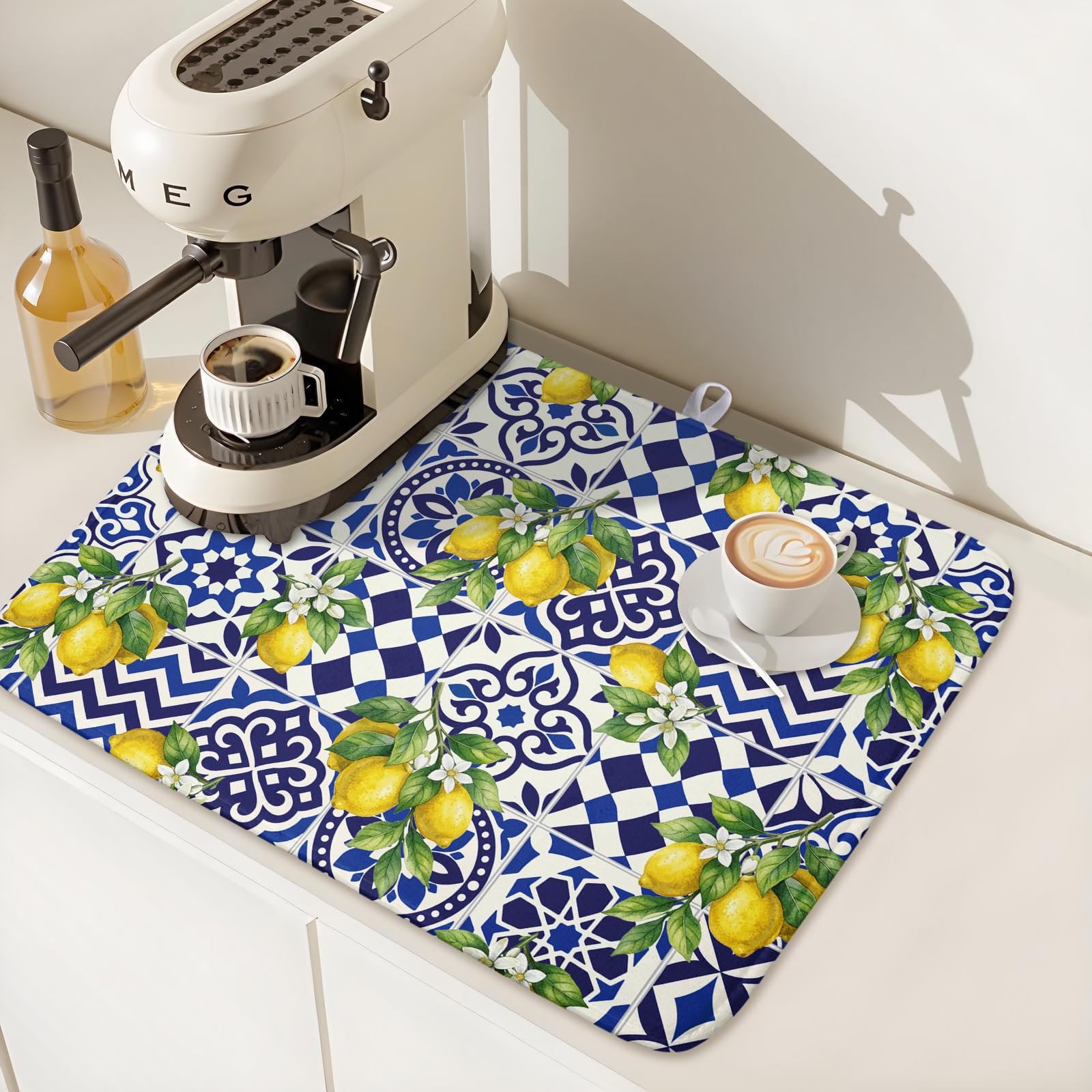 Lemon and Blue Tile Dish Drying Mat 18x24 Inch Absorbent Reversible Mexican Tilt Drying Mat Blue White Italy Lemons Dish Drying Rack Mat Summer Themed Dish Drainer Mat for Kitchen Counter Coffee Bar