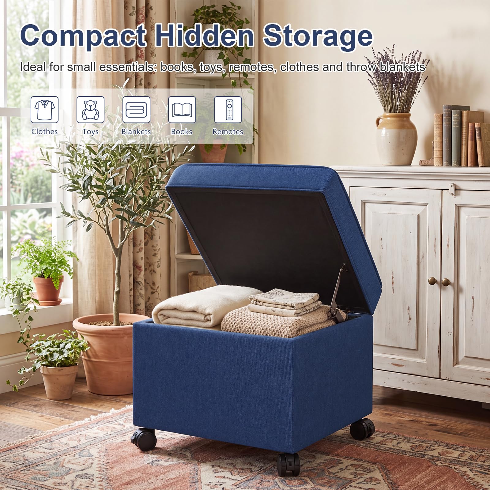 17.5" Navy Blue Square Fabric Storage Ottoman with Rolling Legs
