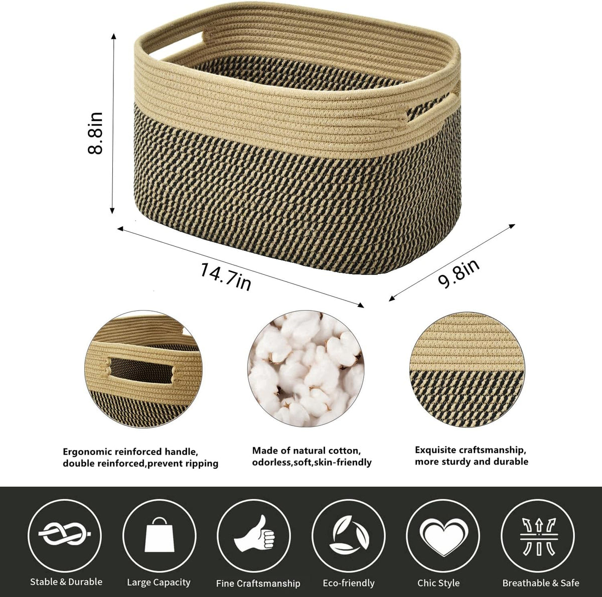Storage Basket,Woven Baskets for Storage,Cotton Rope Baskets for Organizing,book,towel Basket,Toy Basket or Storage Bins - 3 Pack,Black and Brown