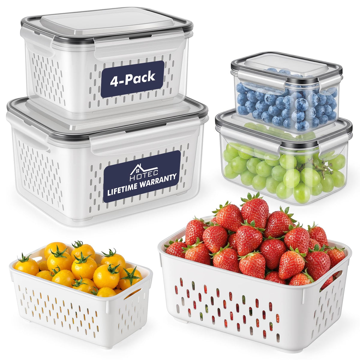 4 Pack Large Fruit Storage Container for Fridge Leak proof with Removable Colander (3.32 Count)