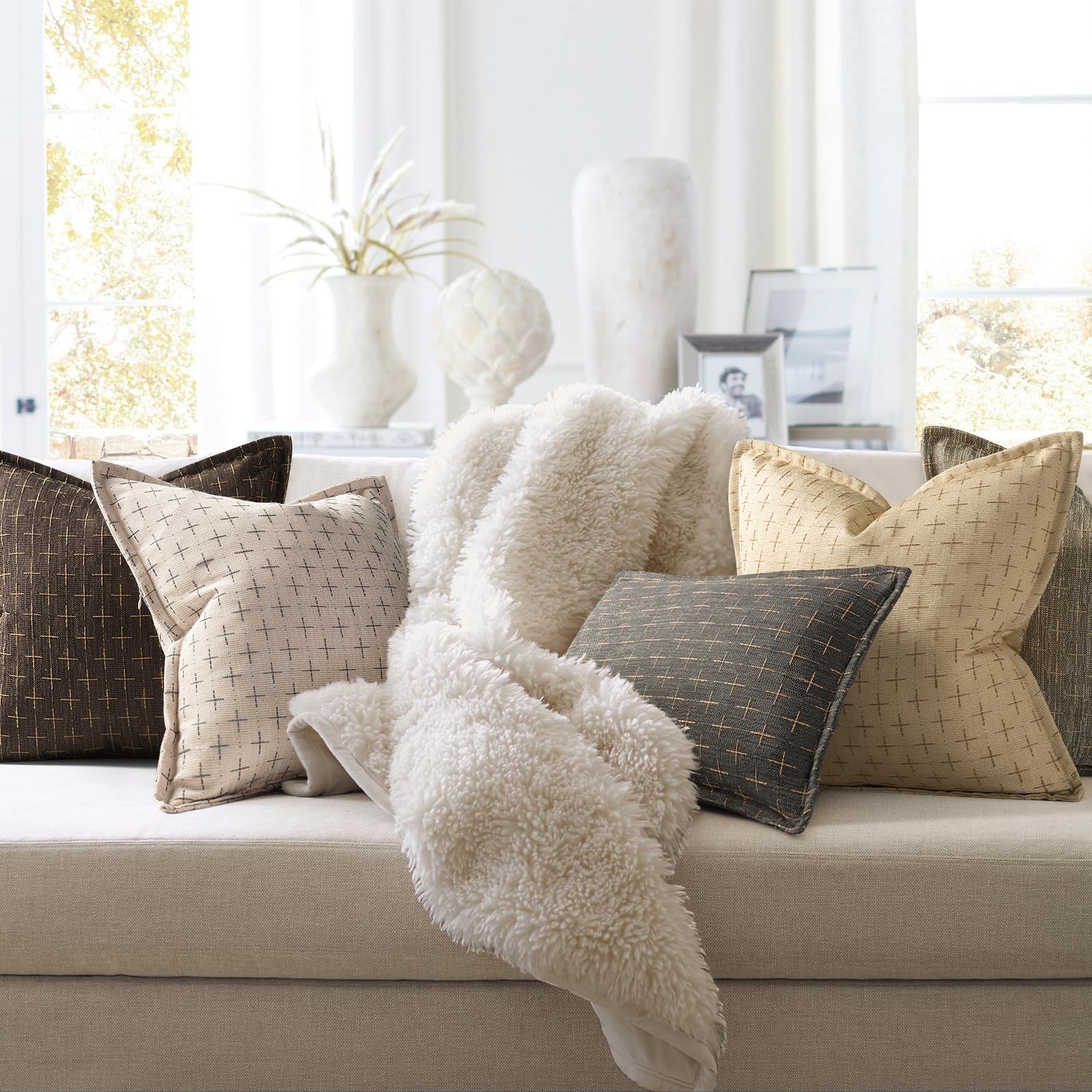 Pillow Covers 20x20 Set of 2 Soft Polyester Textured Pillow Covers with Stylish Flange Edge Cozy Farmhouse Throw Pillows for Couch Bed Sofa Living Room (2 Count)
