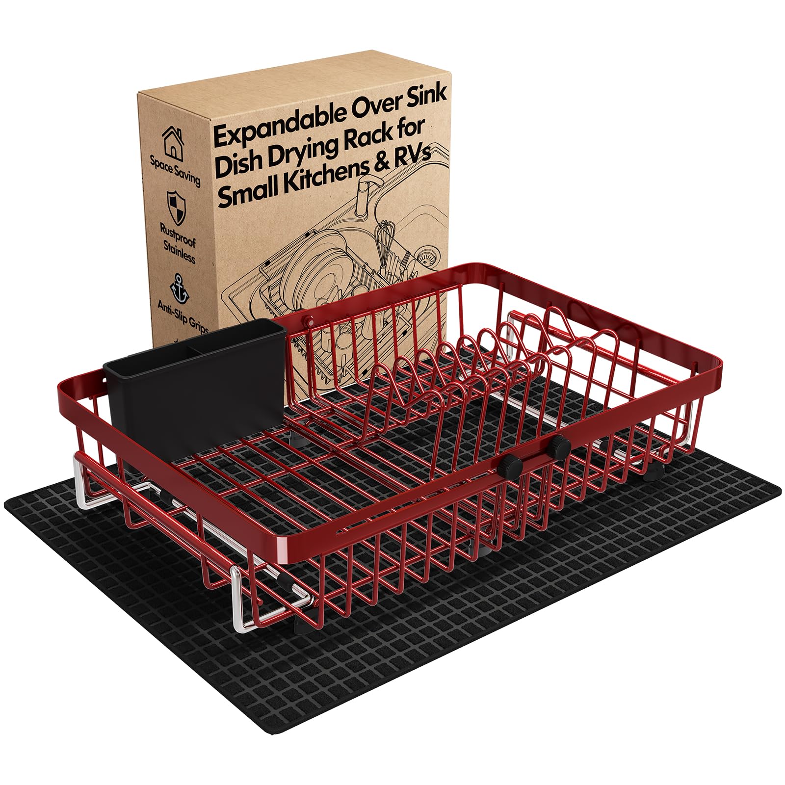 Red Dish Drying Rack Over The Sink with Utensil Holder