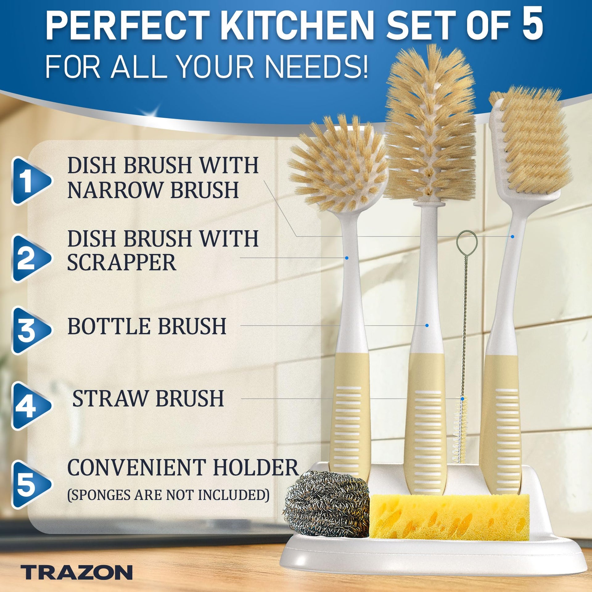 Dish Brush Set of 5 with Holder (3 Count)