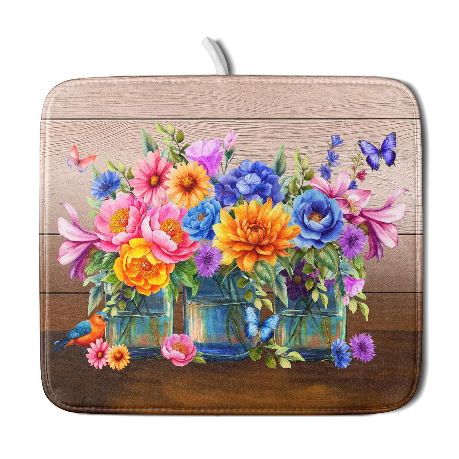 Colorful Flowers Dish Drying Mat for Kitchen Counter 16x18in Spring Summer Flower Vases Dish Mat Drying Absorbent Microfiber Dish Drainer Rack Mats Botanical Floral Dishes Pad for Countertops