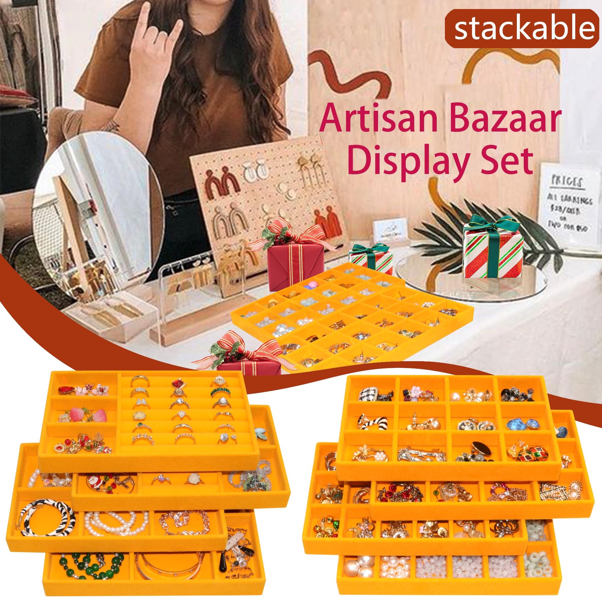 Set of 8 Stackable Velvet Jewelry Trays Organizer Jewelry Display Storage Box Dresser Drawer Organizer for Earring Necklace Bracelet Ring Accessary (8 Count)