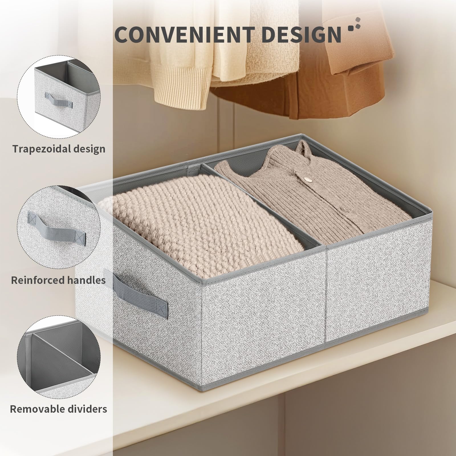 Large Closet Shelf Organizer Bins 6 Packs with Handles and Divider (6 Count)