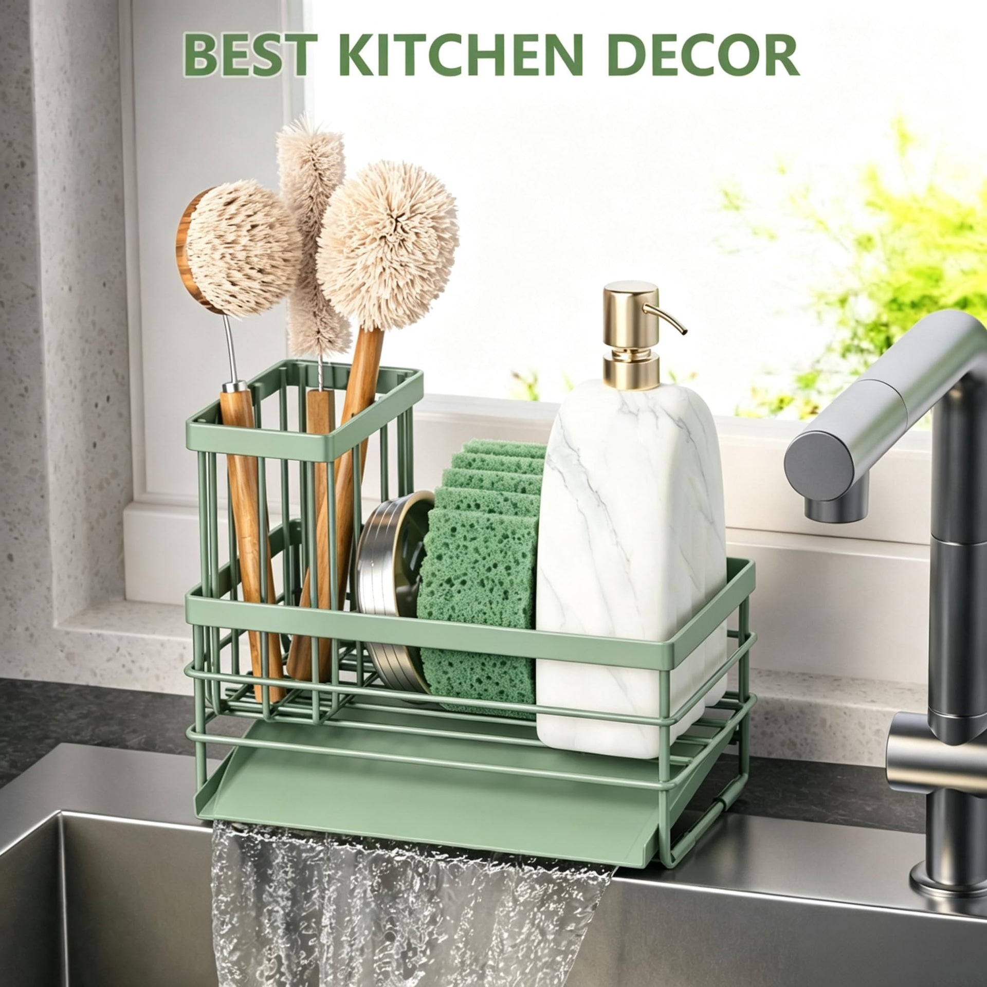 Sink Caddy Sponge Holder for Kitchen with Brush Holder and Stainless Steel Self Drain Tray