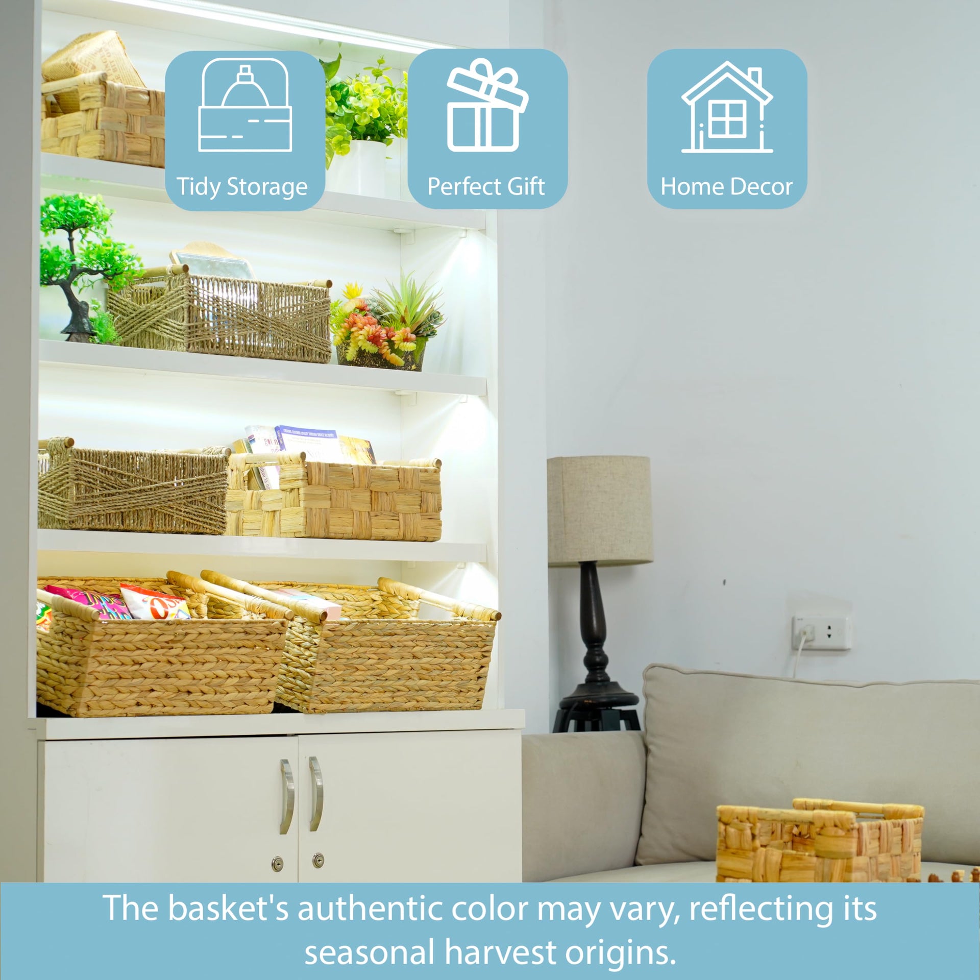 Extra Large Wicker Basket Rectangular with Wooden Handles for Shelves