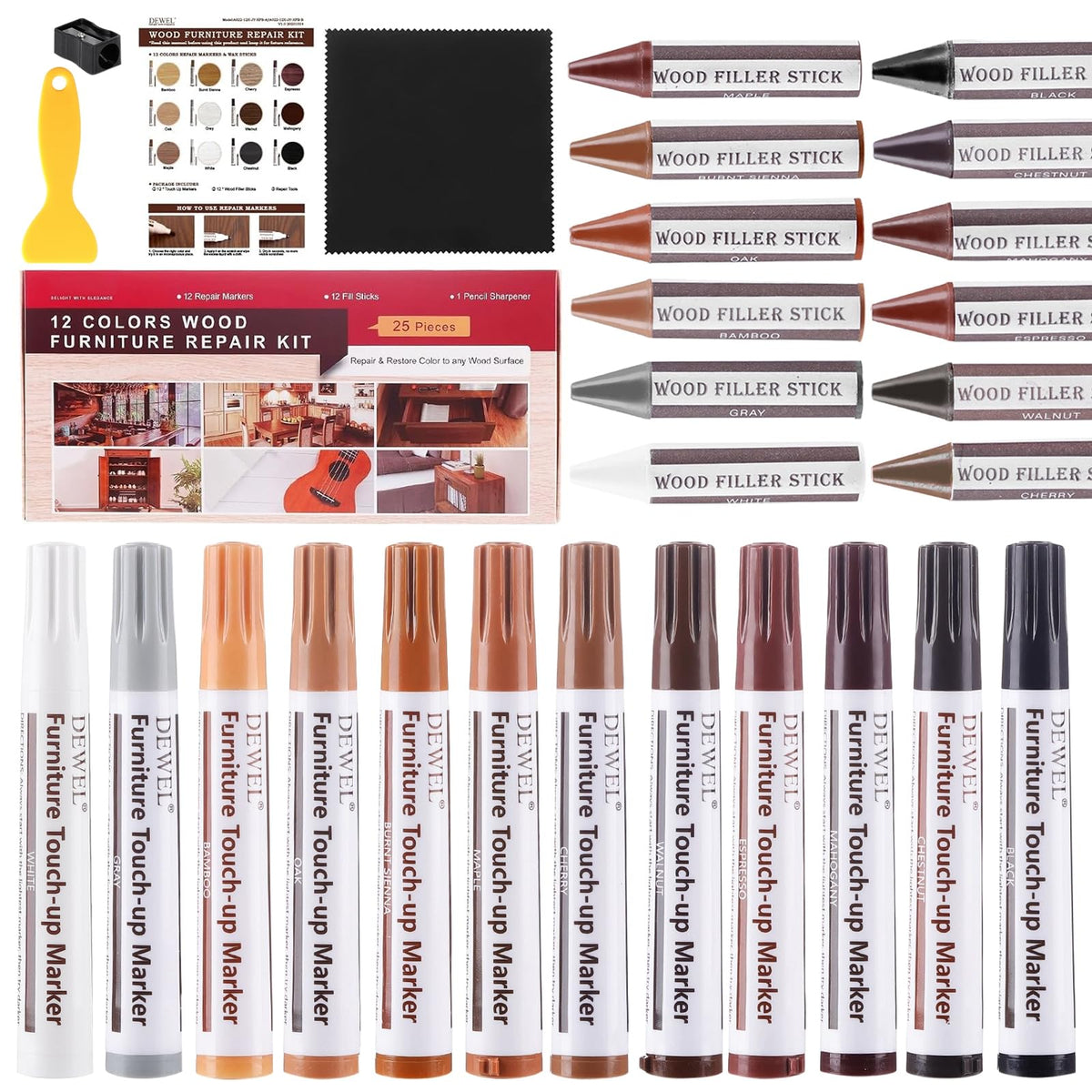 Wood Furniture Markers & Filler Sticks Repair Kit (25 Count)