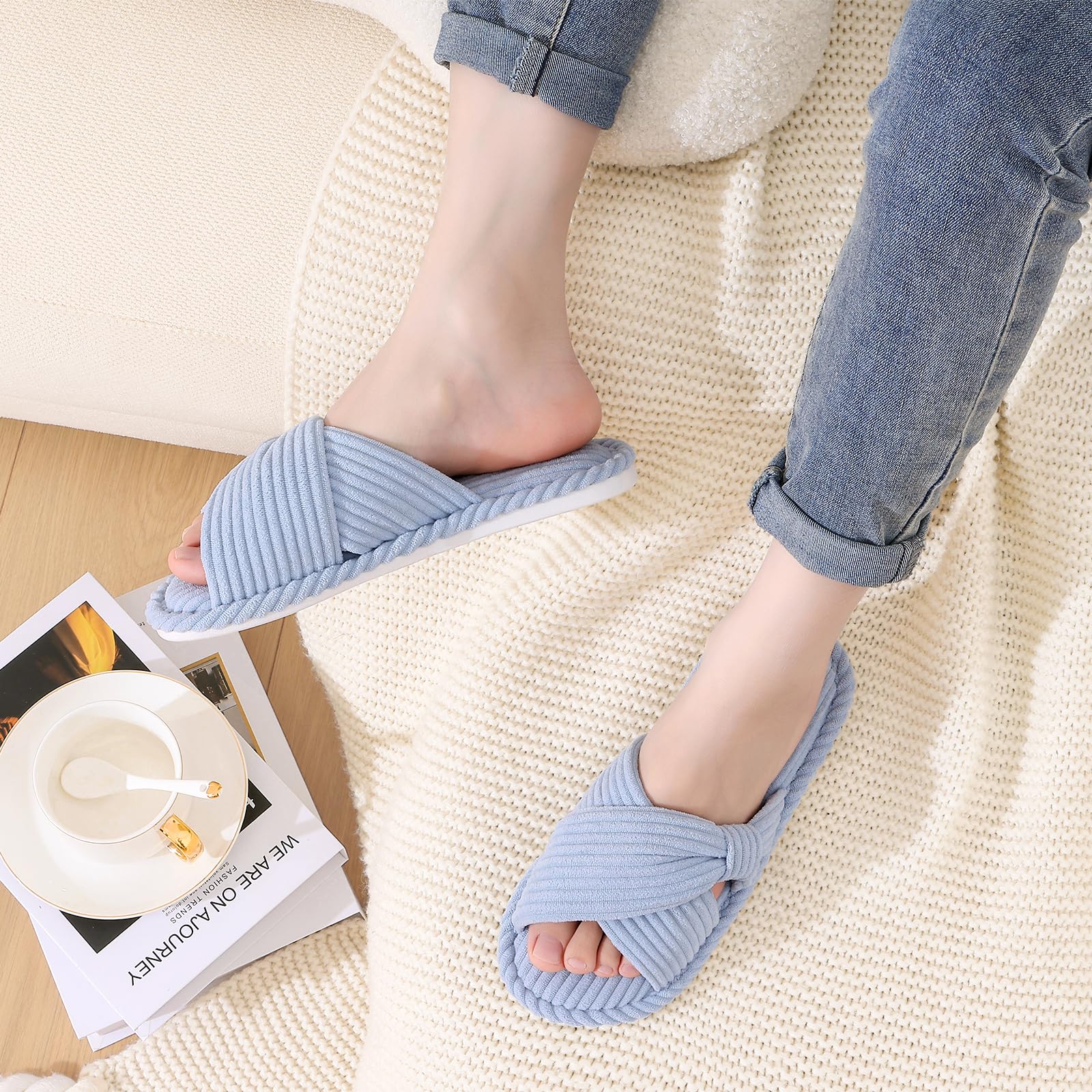 Summer House Slippers for Women Corduroy Open Toe Indoor Slippers