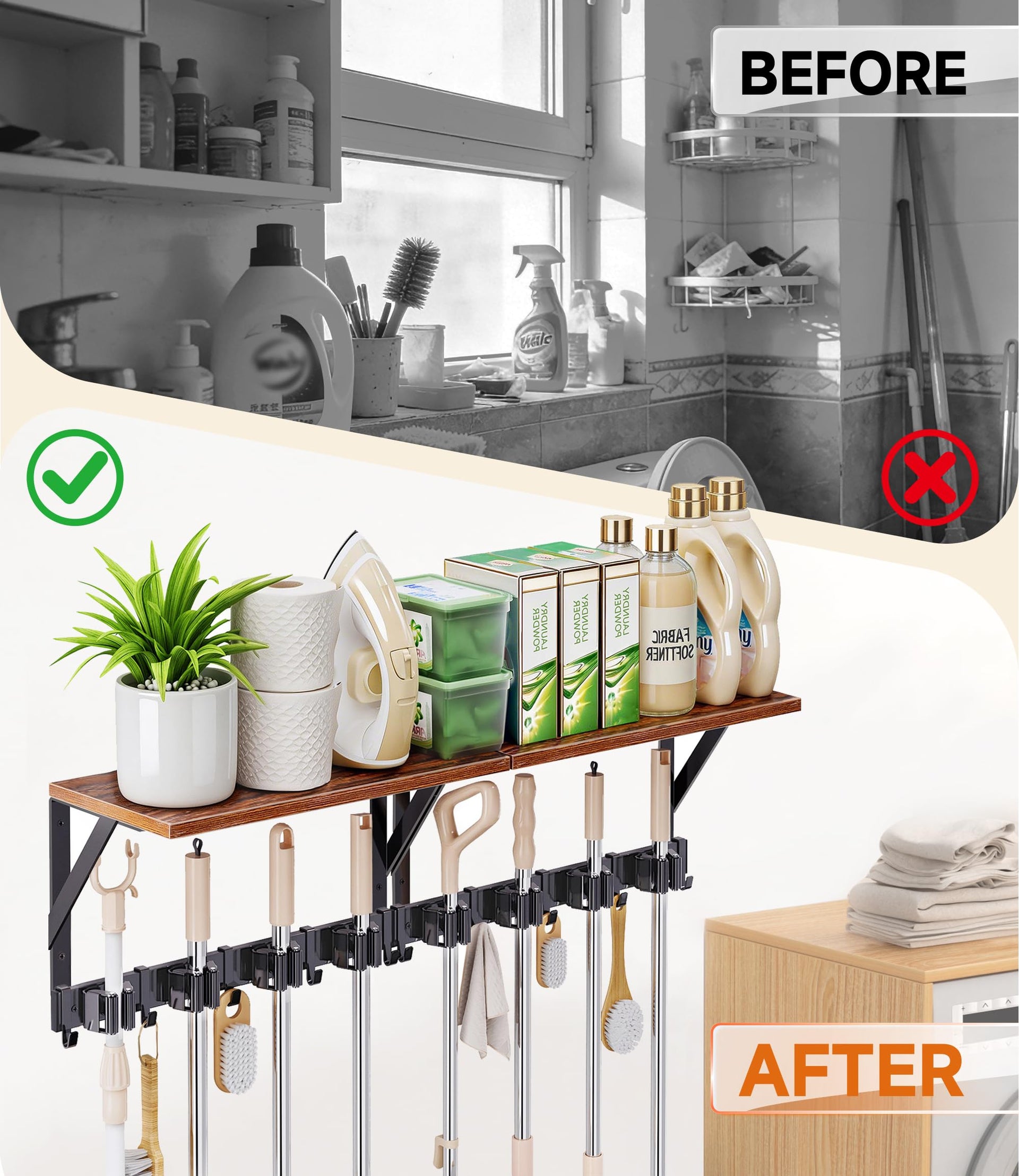 1Pack Broom Holder with Organizer Shelf 4 Broom Slots 5 Removable Hooks