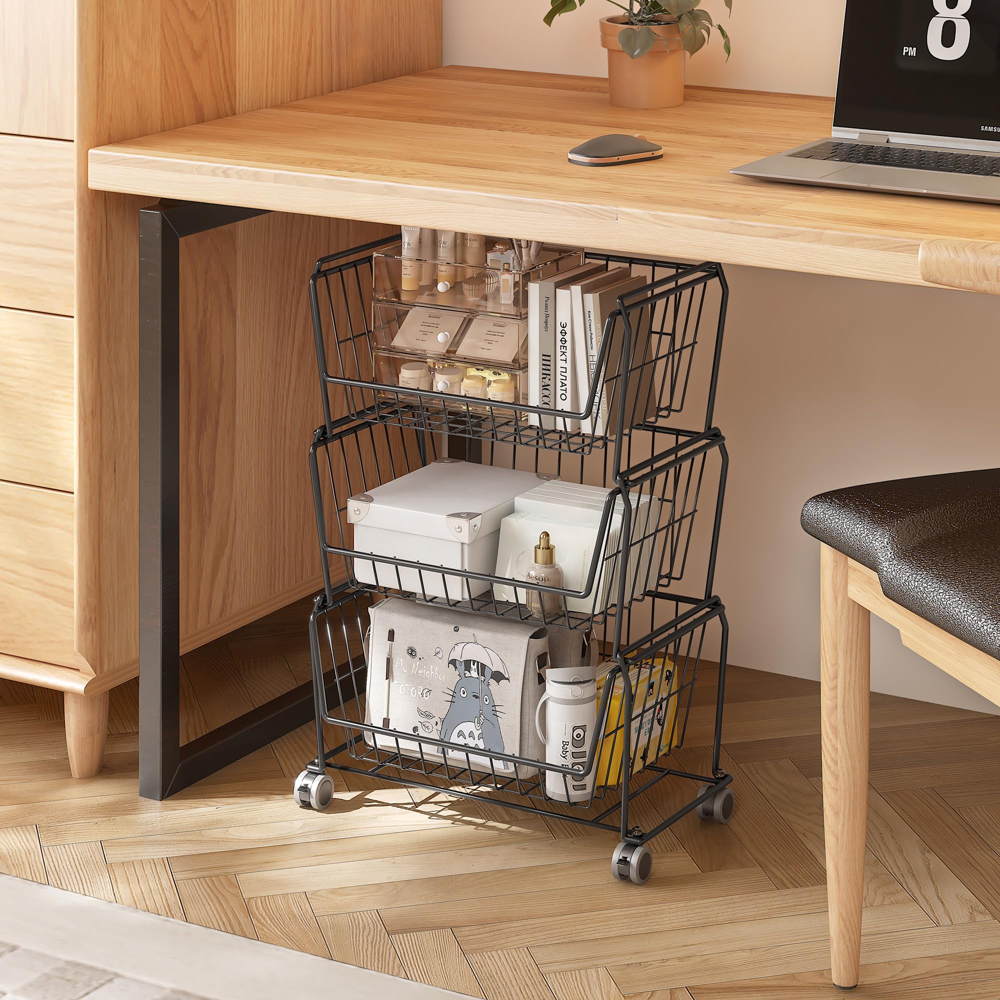 4 Tier Spacious Stackable Wire Storage Baskets with Wheels