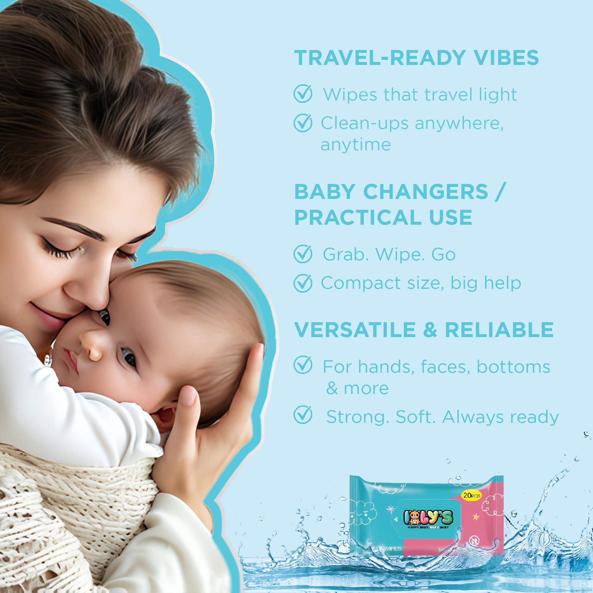 Baby Wipes Unscented Wet Wipes 99% Water Based with Aloe Vera Fragrance Free Travel Pack 20 ct Hypoallergenic Water wipes for Sensitive Skin Toallitas Húmedas para Bebés Bulk Available (8 Ounce)