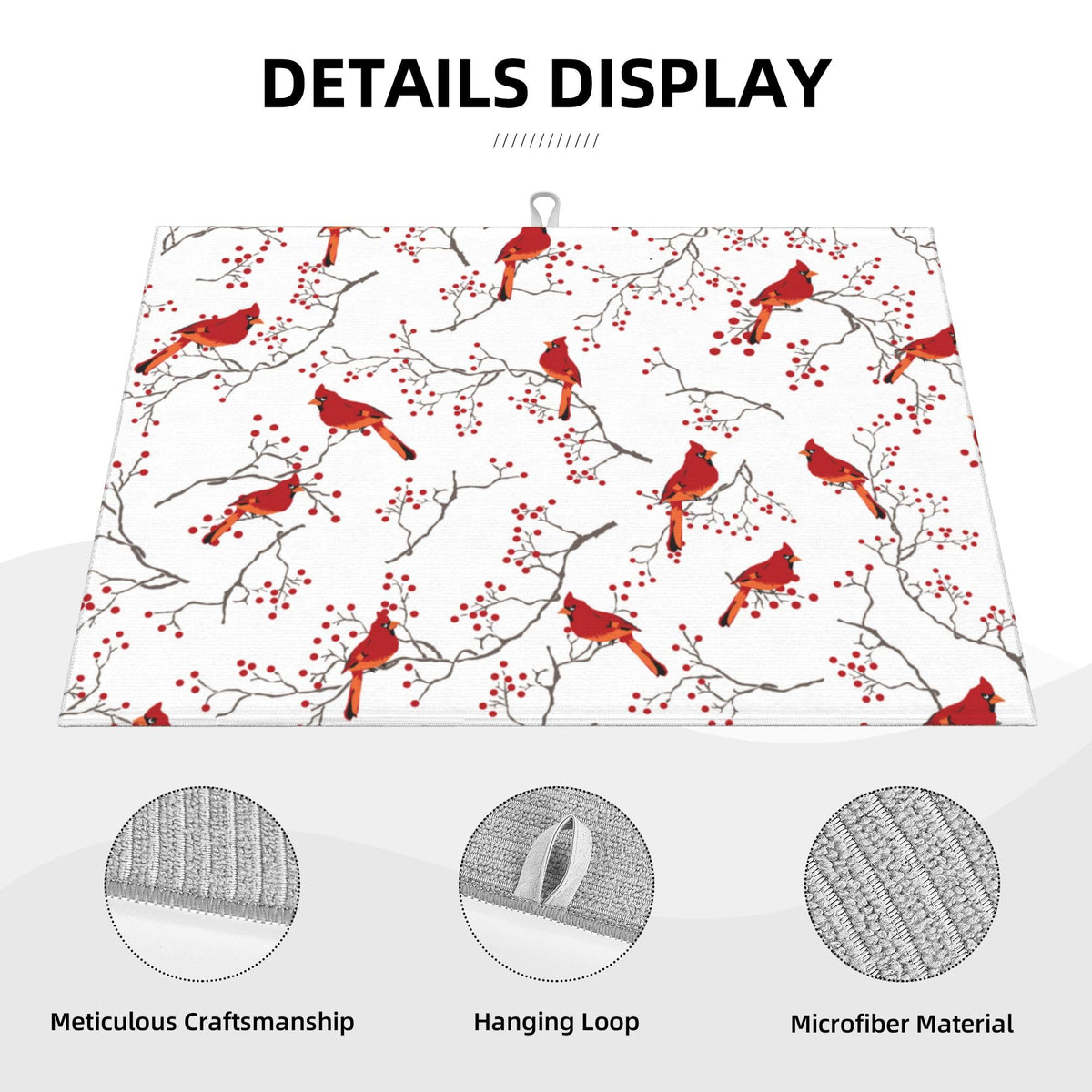 Cardinal Bird Red Berry Decor Microfiber Dish Drying Mat 18"x24"