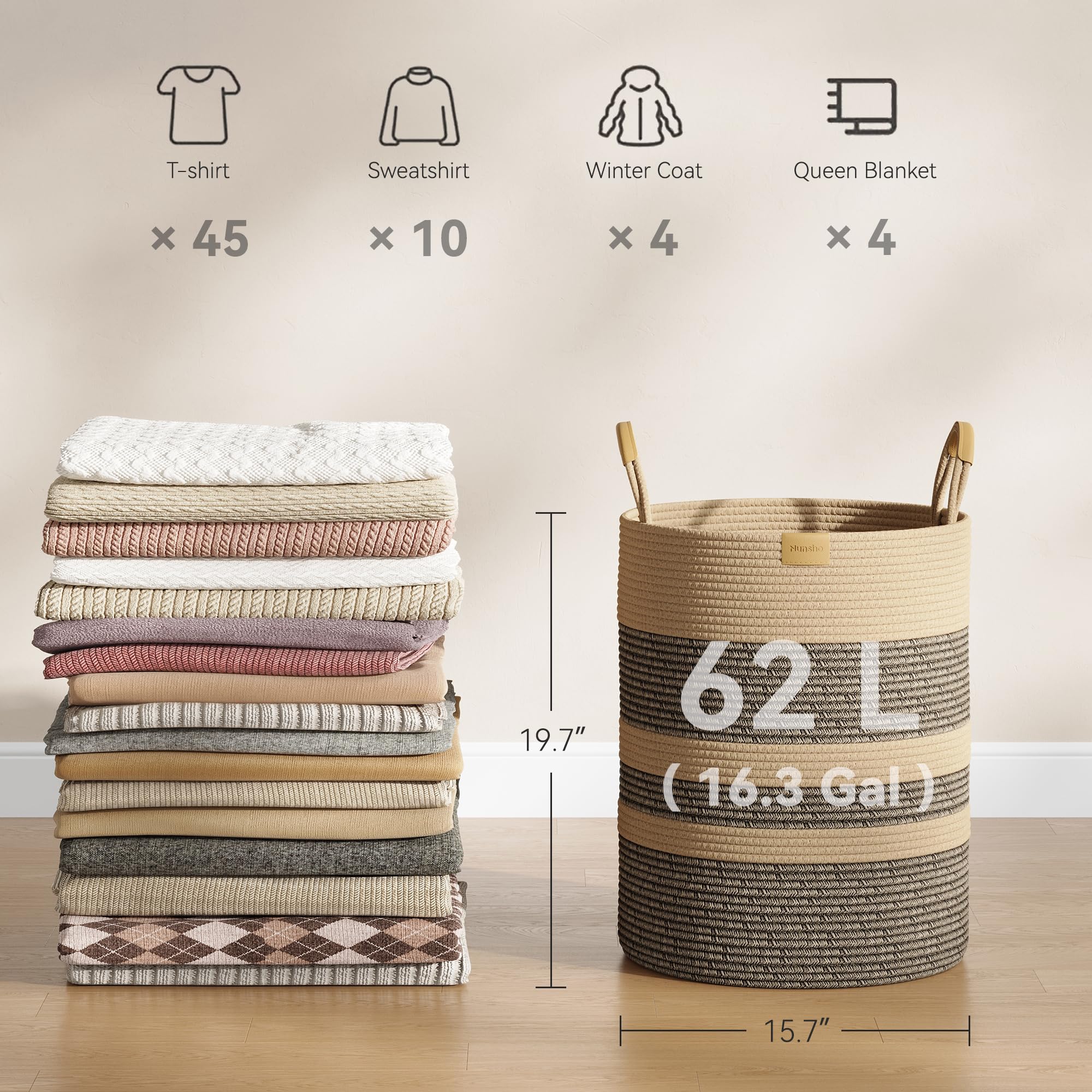 62L Striped Laundry Hamper with Leather Handles