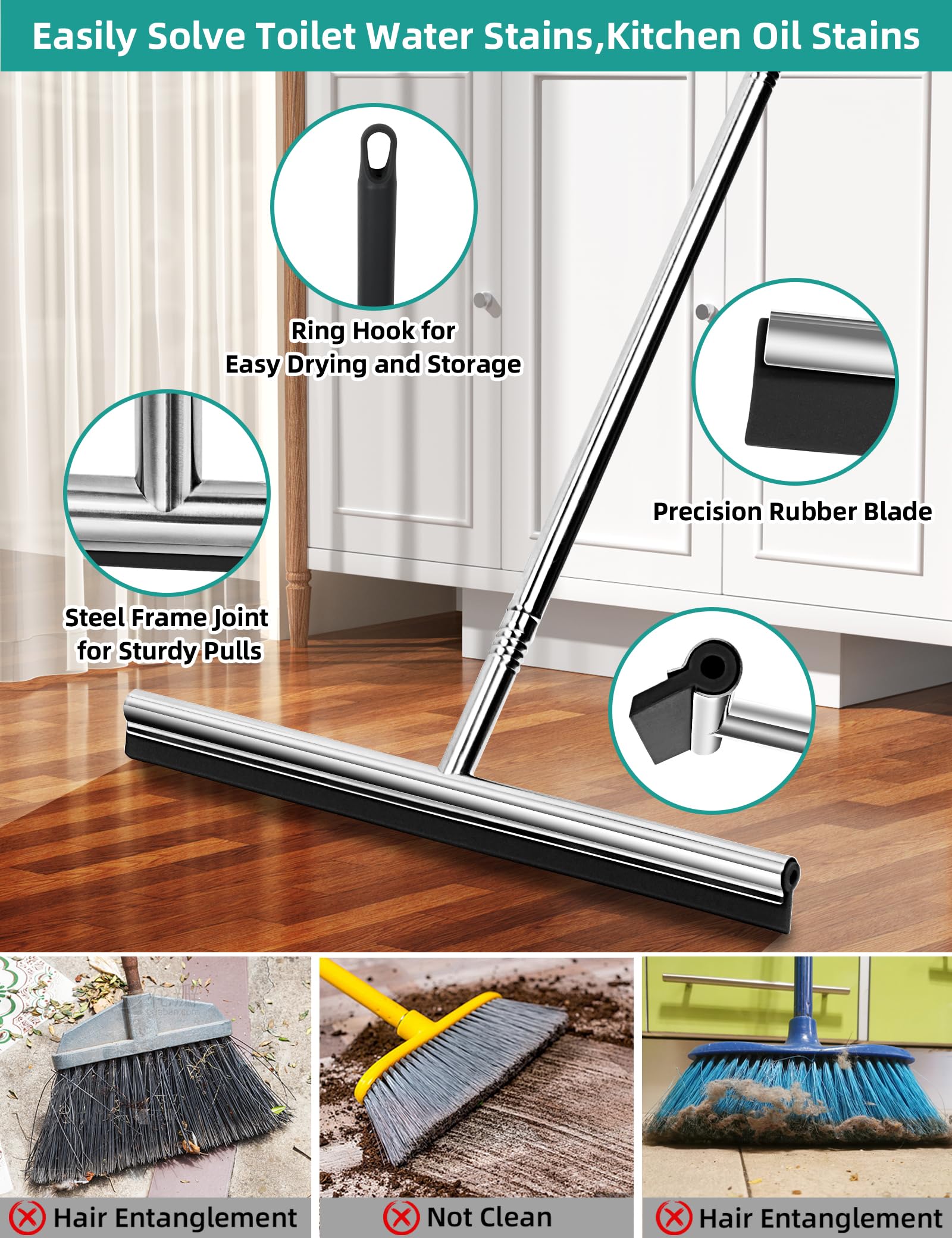 Floor Squeegee Scrubber 59inch Long Stainless Steel Handle with 15inch Wide Silicon Rubber Blade Squeegee Broom for Floor Washing and Drying Shower Glass