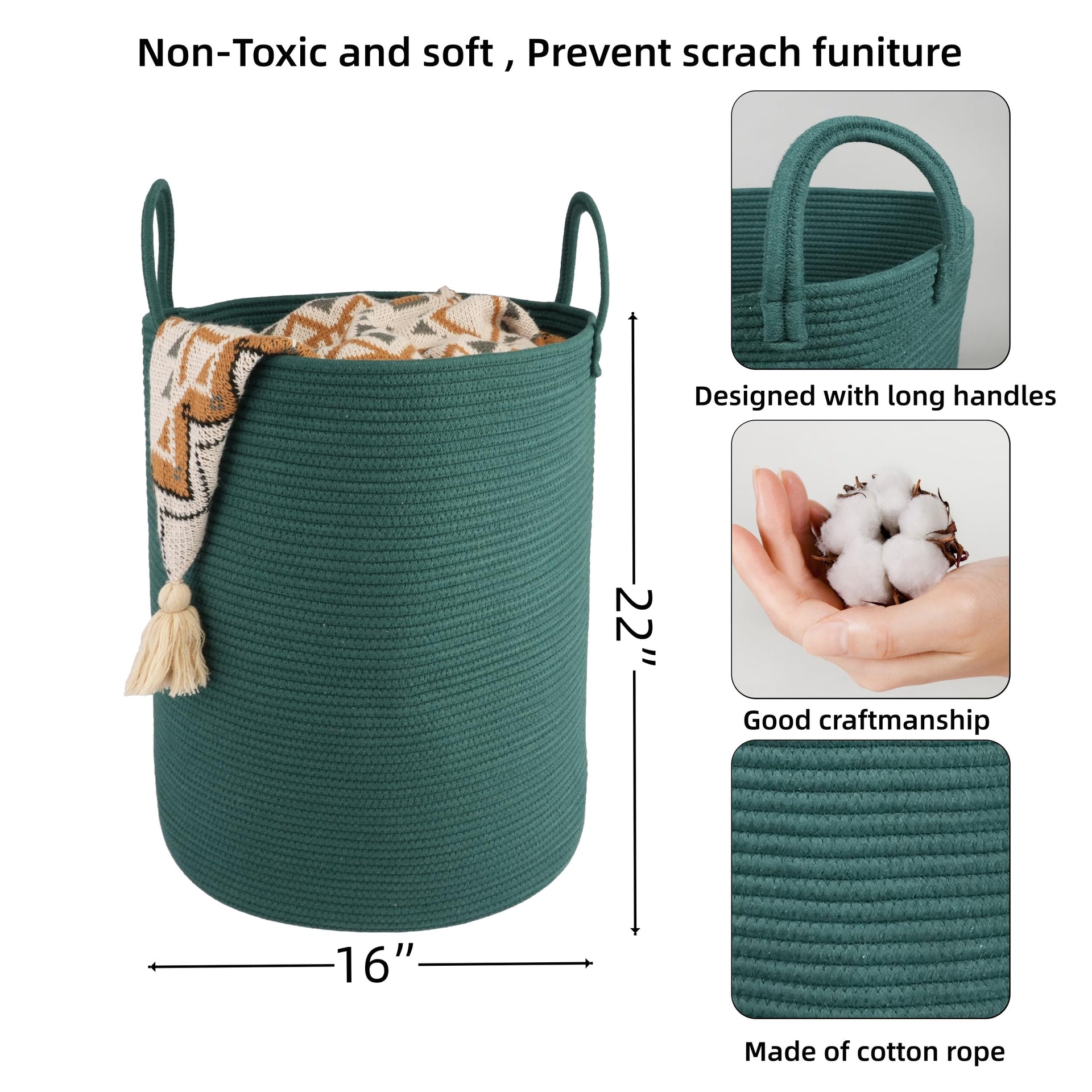 Cotton Rope Laundry Basket Hamper for Clothes Large Dark Green