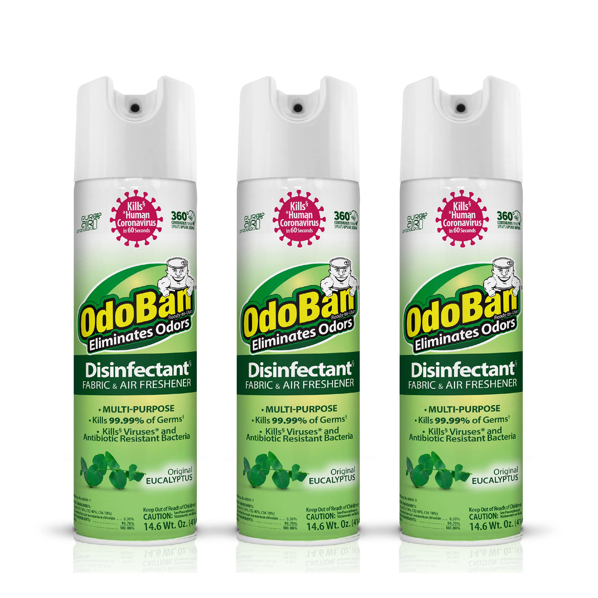 Ready-to-Use 360-Degree Continuous Spray Disinfectant and Harsh Aroma Eliminator, Fabric and Air Freshener, 3 Pack, 14.6 Ounces Each, Original Eucalyptus Scent Clear (43.8 Fl Oz)