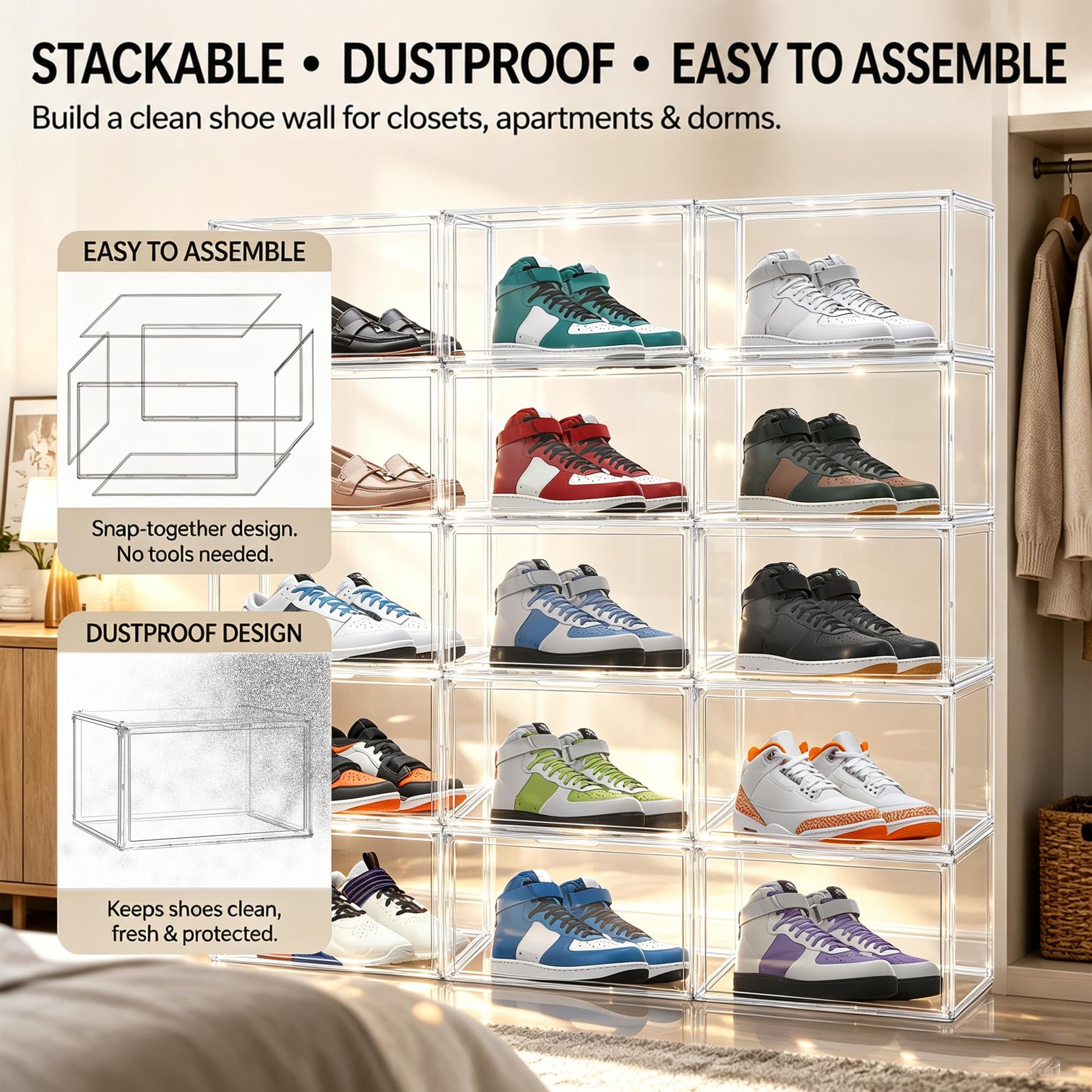 12 Pack Clear Acrylic Shoe Sneaker Boxes Fits Size 13 (12 Count)