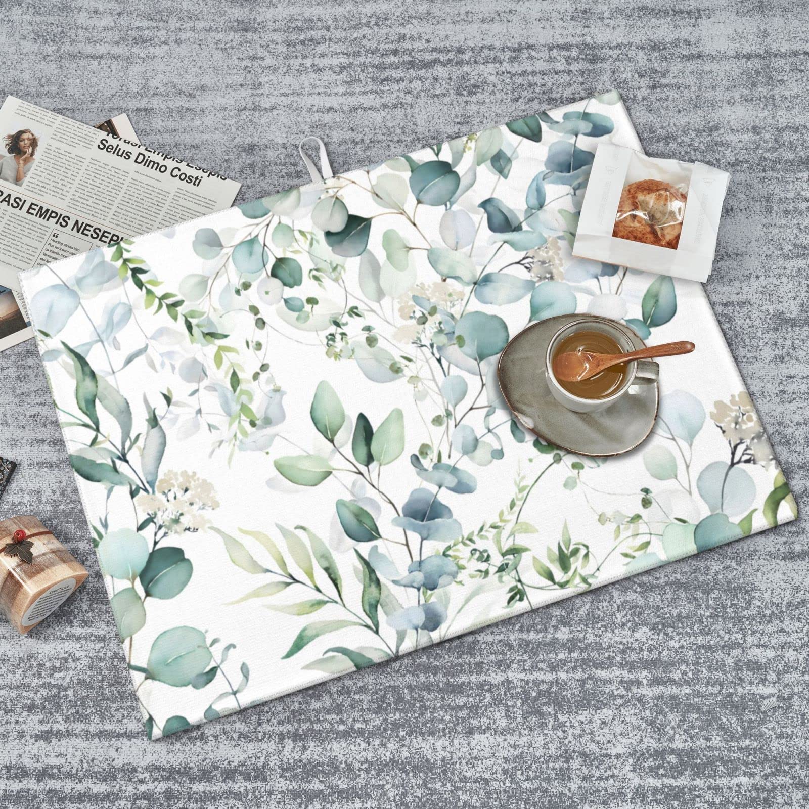 Green Floral Leaf Dish Drying Mat For Kitchen Counter 18 X 24 Inch Absorbent Reversible Drainer