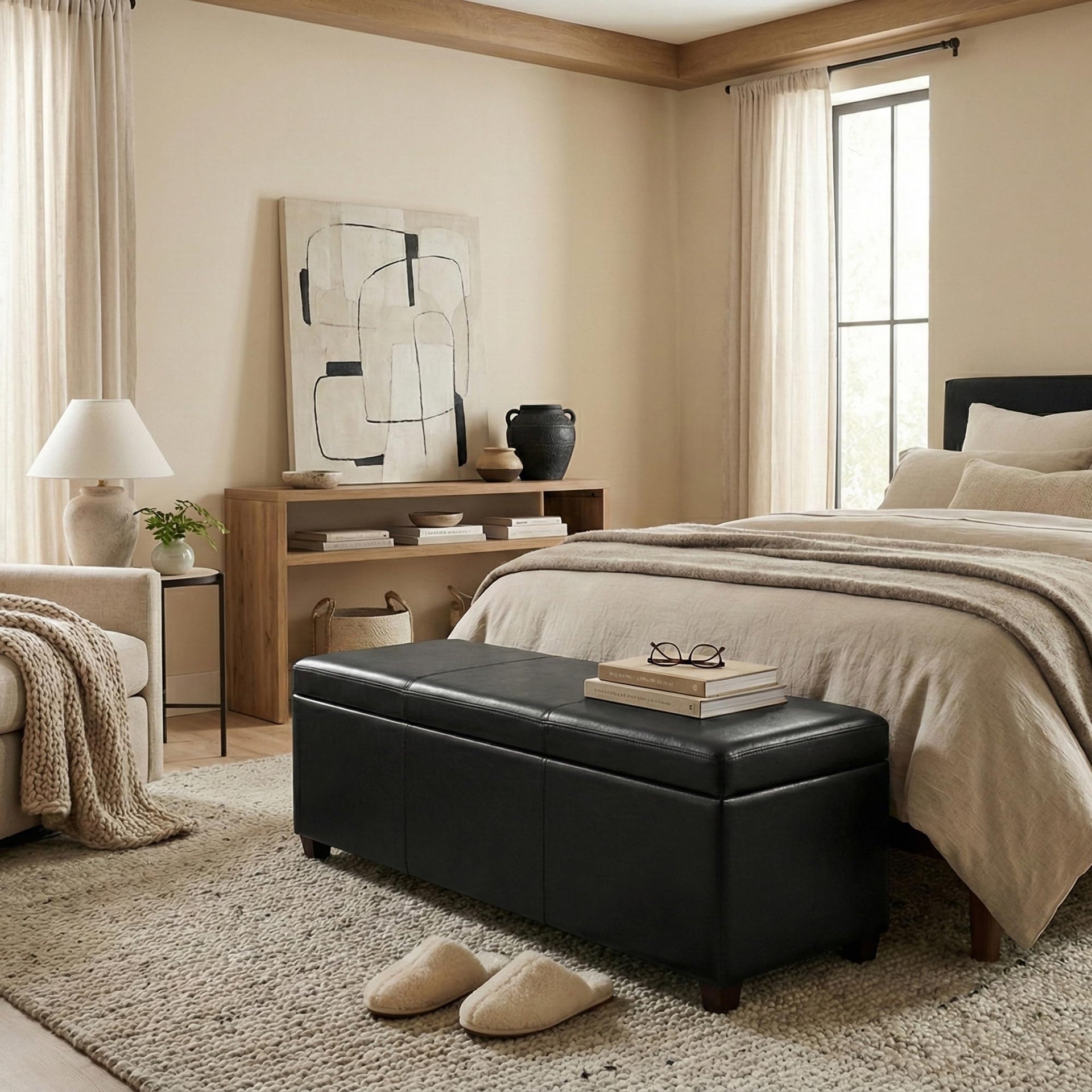 Castleford 48" Wide Linen Look Fabric Storage Ottoman in Grey