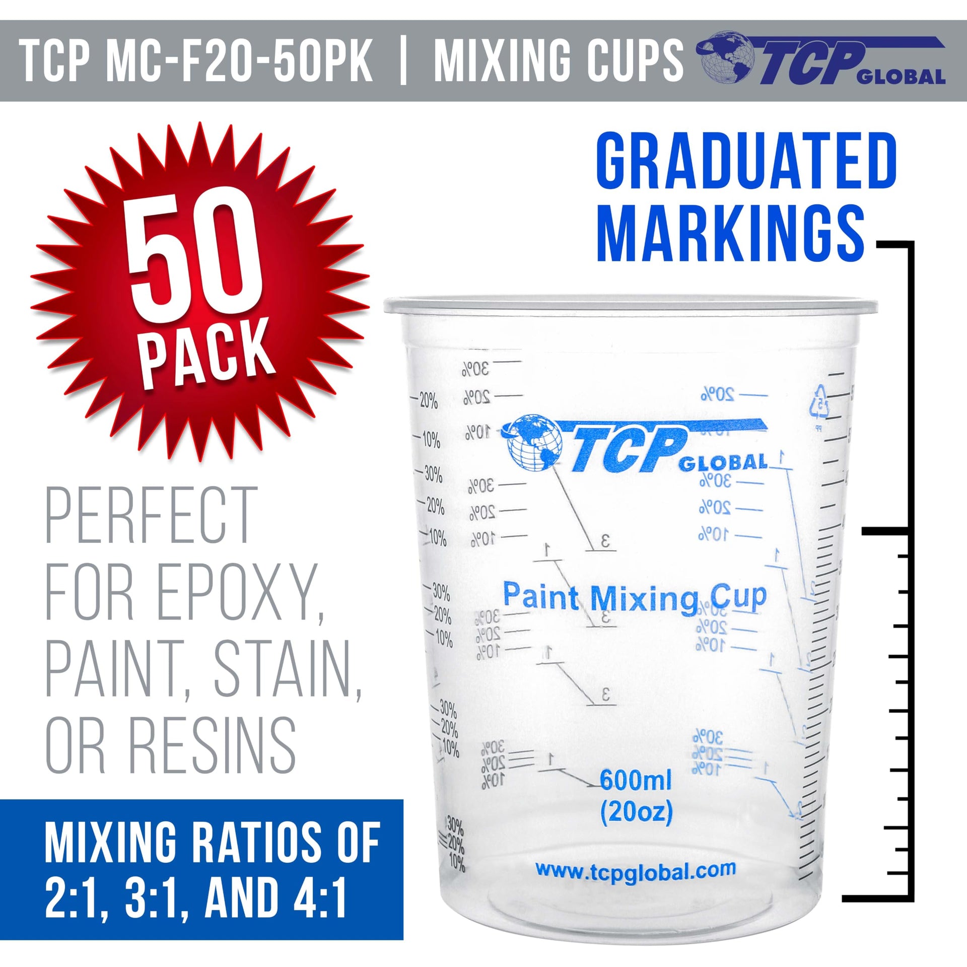 20 oz. (600ml) Graduated Plastic Mixing Cups - Box of 50 with 50 Mixing Sticks - Disposable Plastic Measuring Cups for Liquids, Paints, Resin, Epoxy, Art, Kitchen - Ratios 2-1, 3-1, 4-1 ML