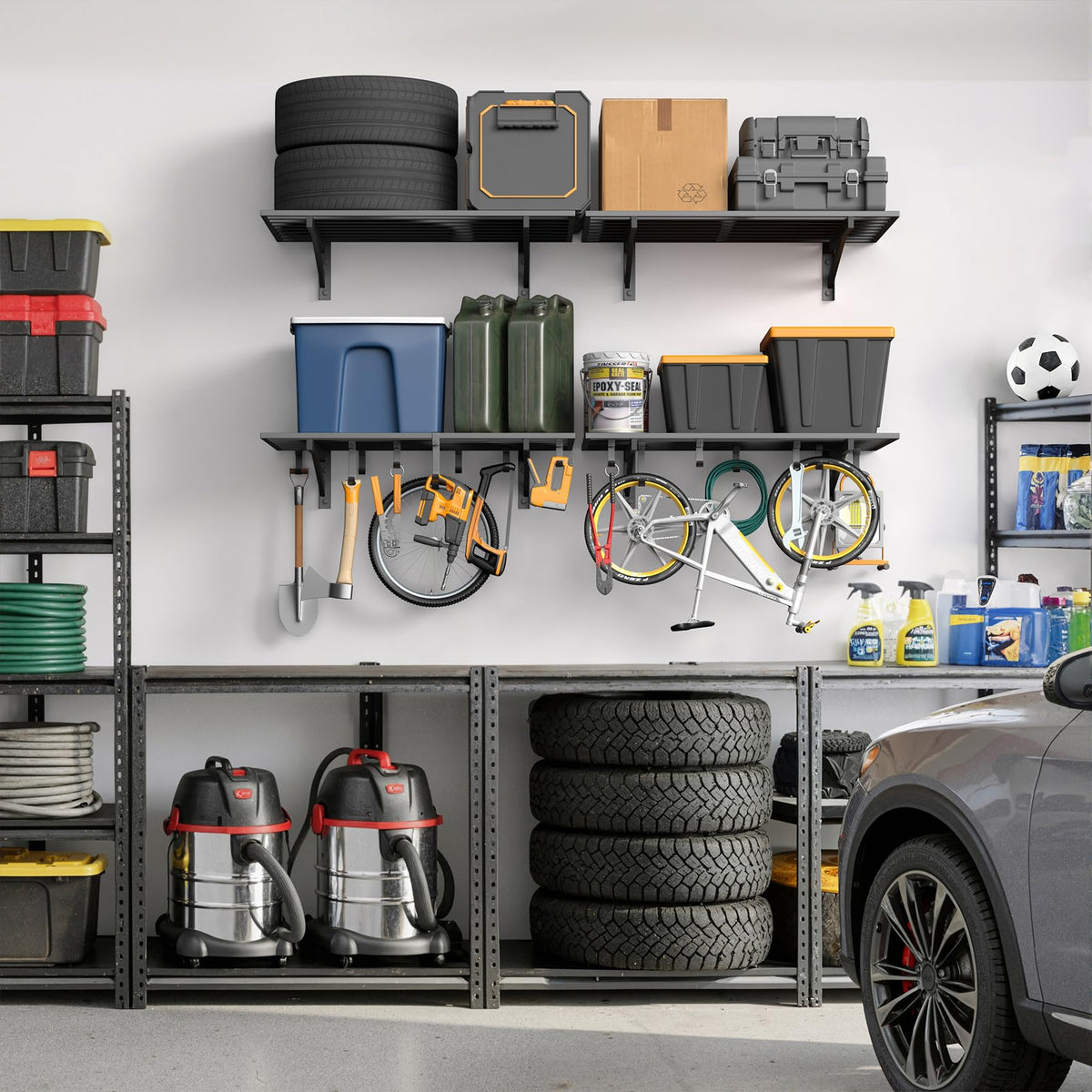 4 Pack Wall Mounted Garage Shelving with 16 Hooks (4 Count)