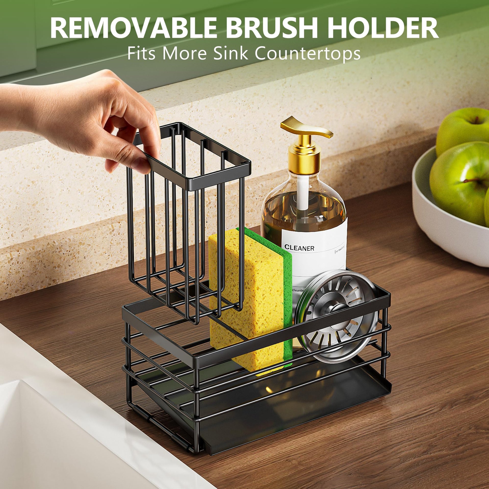 Sink Caddy Sponge Holder for Kitchen with Brush Holder and Stainless Steel Self Drain Tray