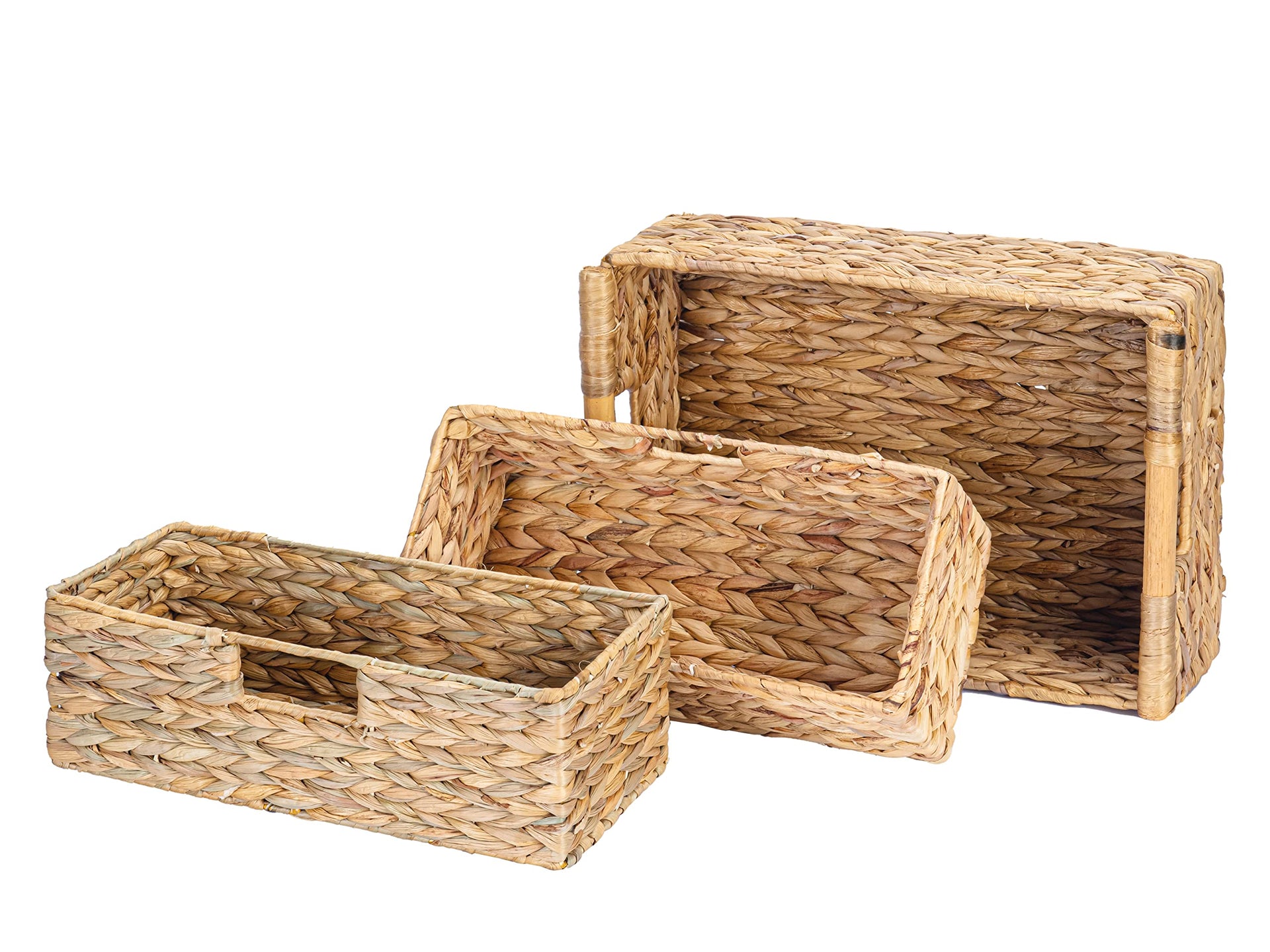 Large Water Hyacinth Storage Baskets for Organizing with Wooden Handles for Shelves (3 Count)