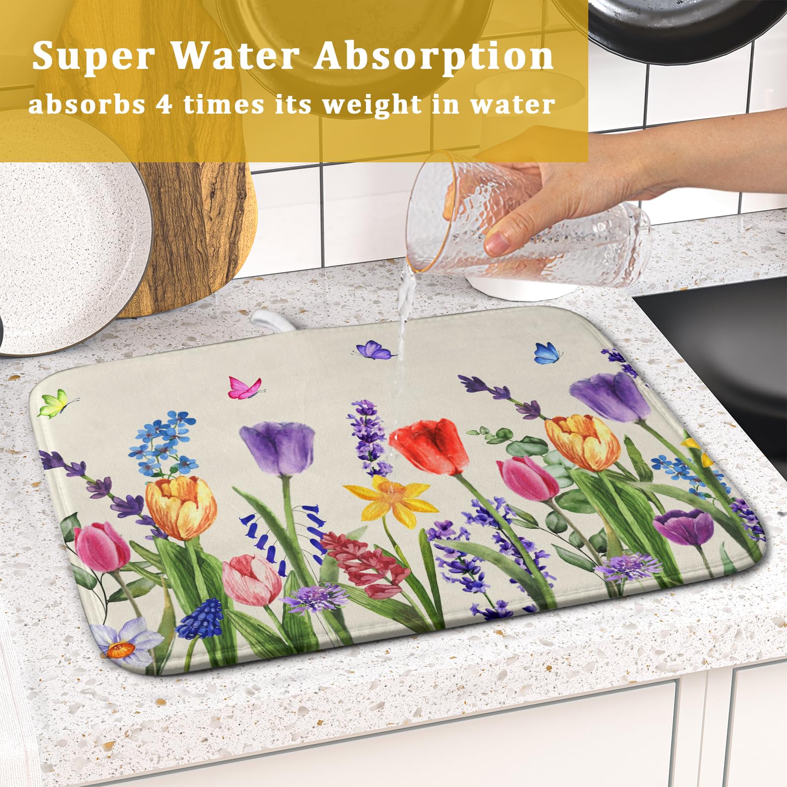 Spring Summer Colorful Flower Dish Drying Mat 16x18 Inch Spring Wildflowers Kitchen Pad Botanical Floral Drainer Rack Mats Absorbent Fast Dry Microfiber Dish Drying Pad for Countertop Table Decoration