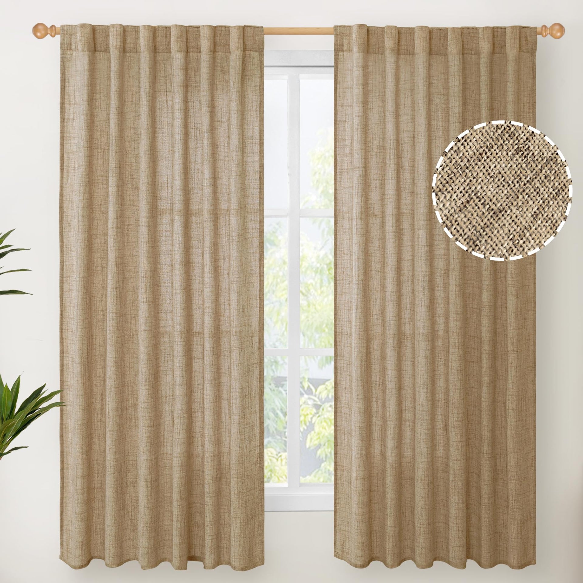 Burlap Linen Curtains 63 Inch Length for Living Room Window (2 Count)