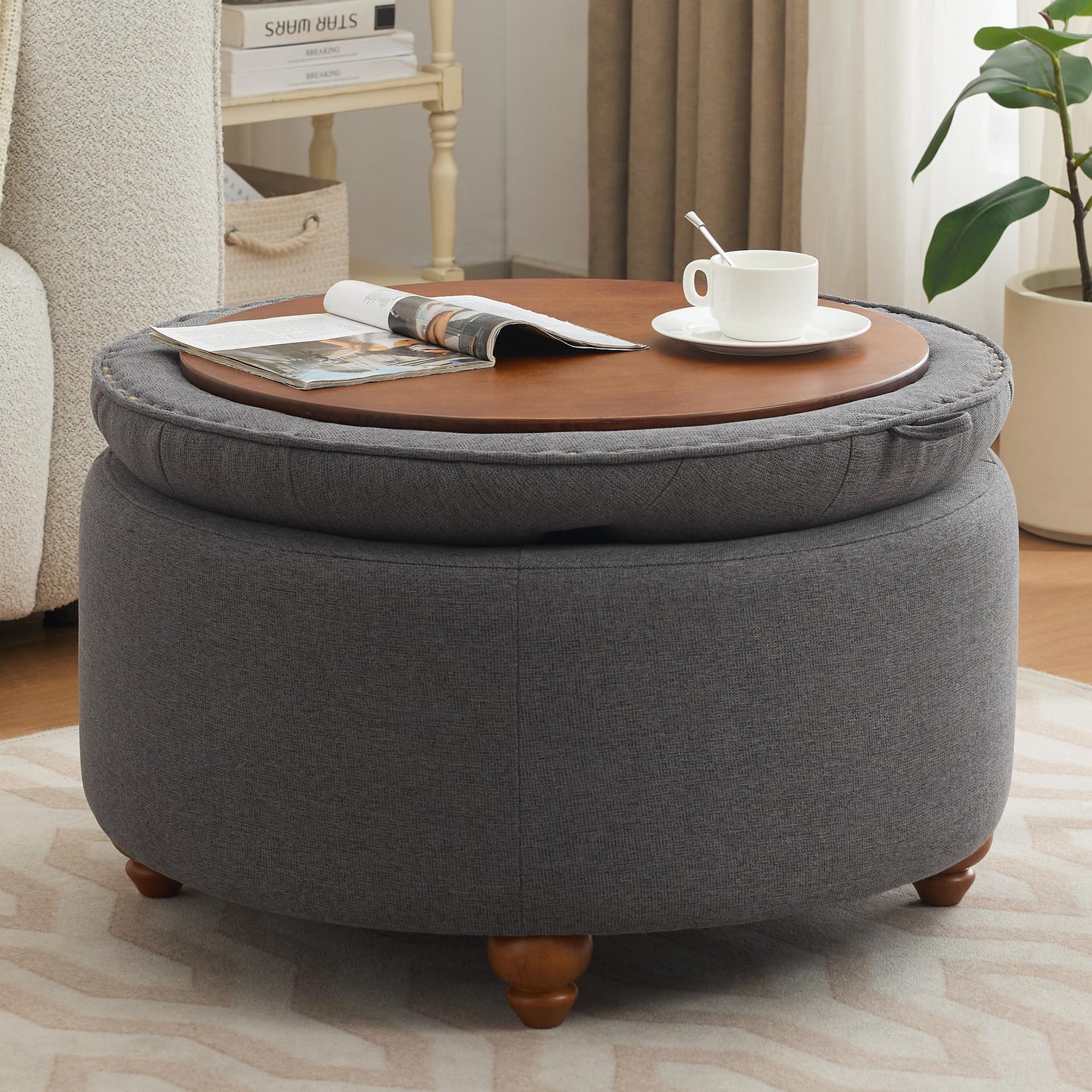 30Inch Round Storage Ottoman with Tray