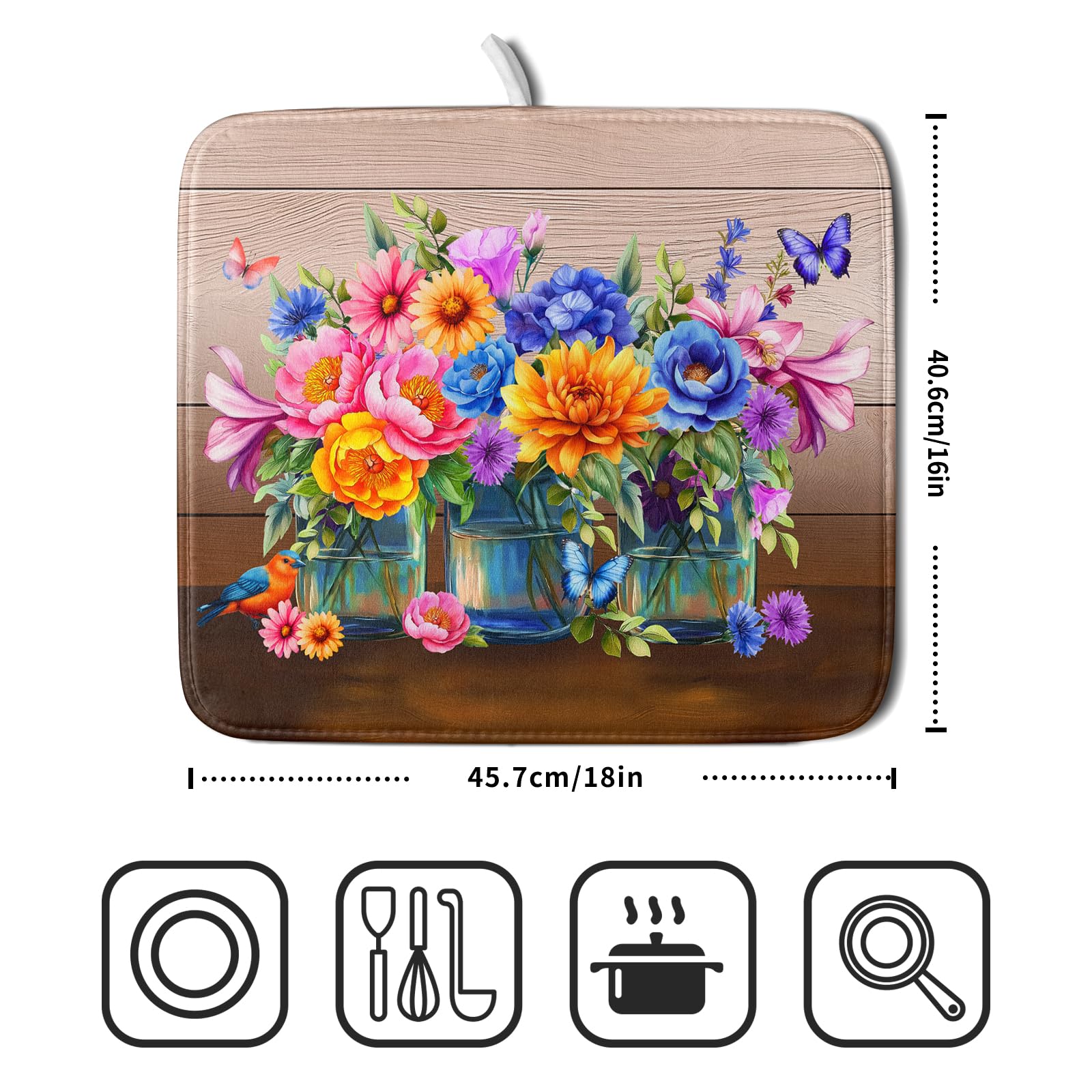 Colorful Flowers Dish Drying Mat for Kitchen Counter 16x18in Spring Summer Flower Vases Dish Mat Drying Absorbent Microfiber Dish Drainer Rack Mats Botanical Floral Dishes Pad for Countertops