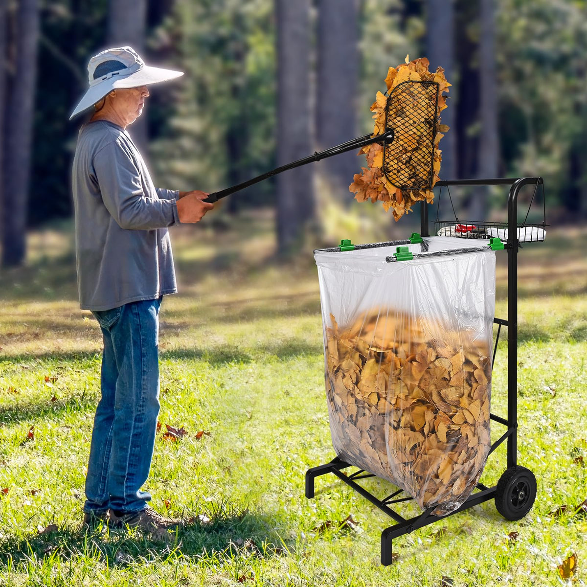 Mobile Trash Bag Holder with Storage Basket and Ergonomic Handle