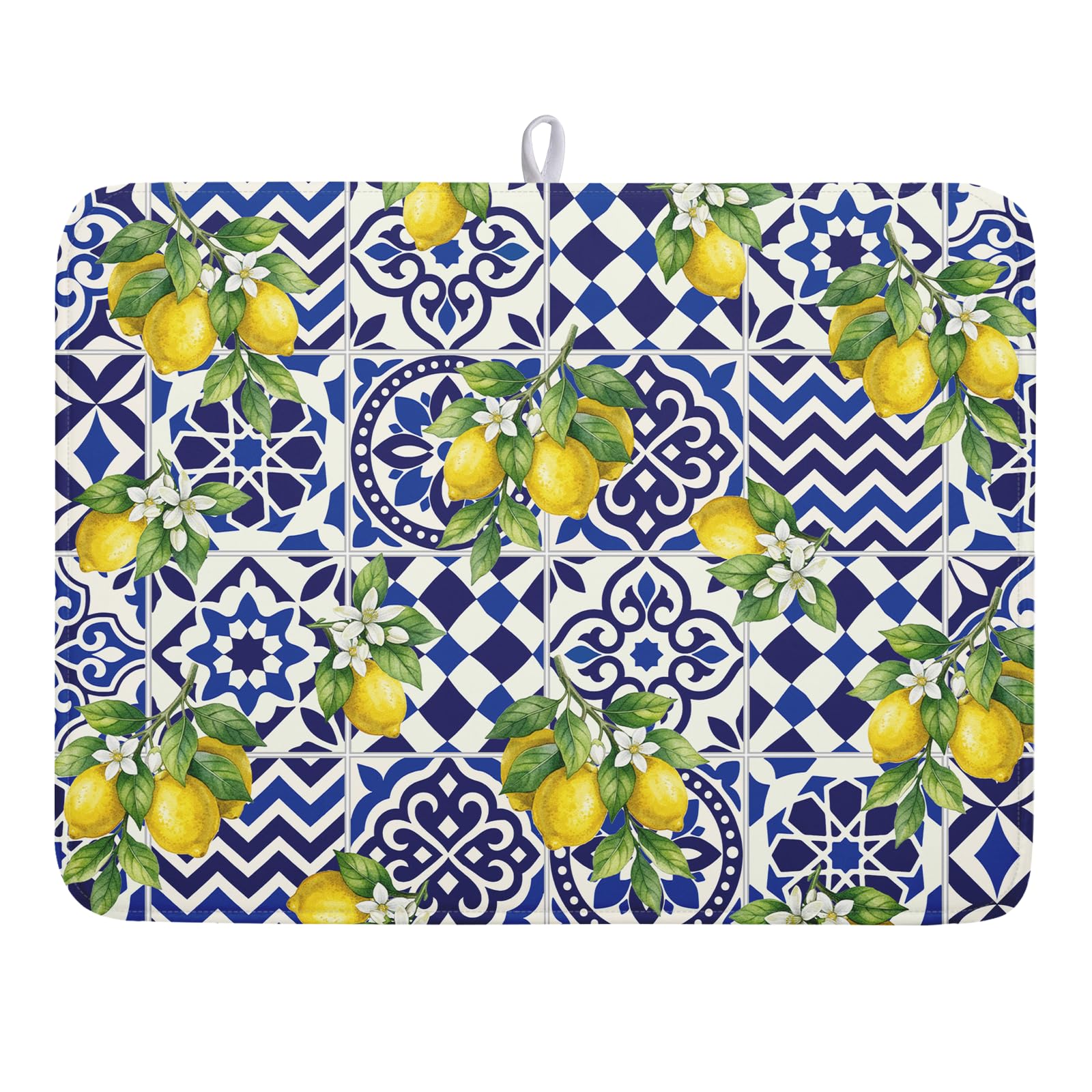 Lemon and Blue Tile Dish Drying Mat 18x24 Inch Absorbent Reversible Mexican Tilt Drying Mat Blue White Italy Lemons Dish Drying Rack Mat Summer Themed Dish Drainer Mat for Kitchen Counter Coffee Bar