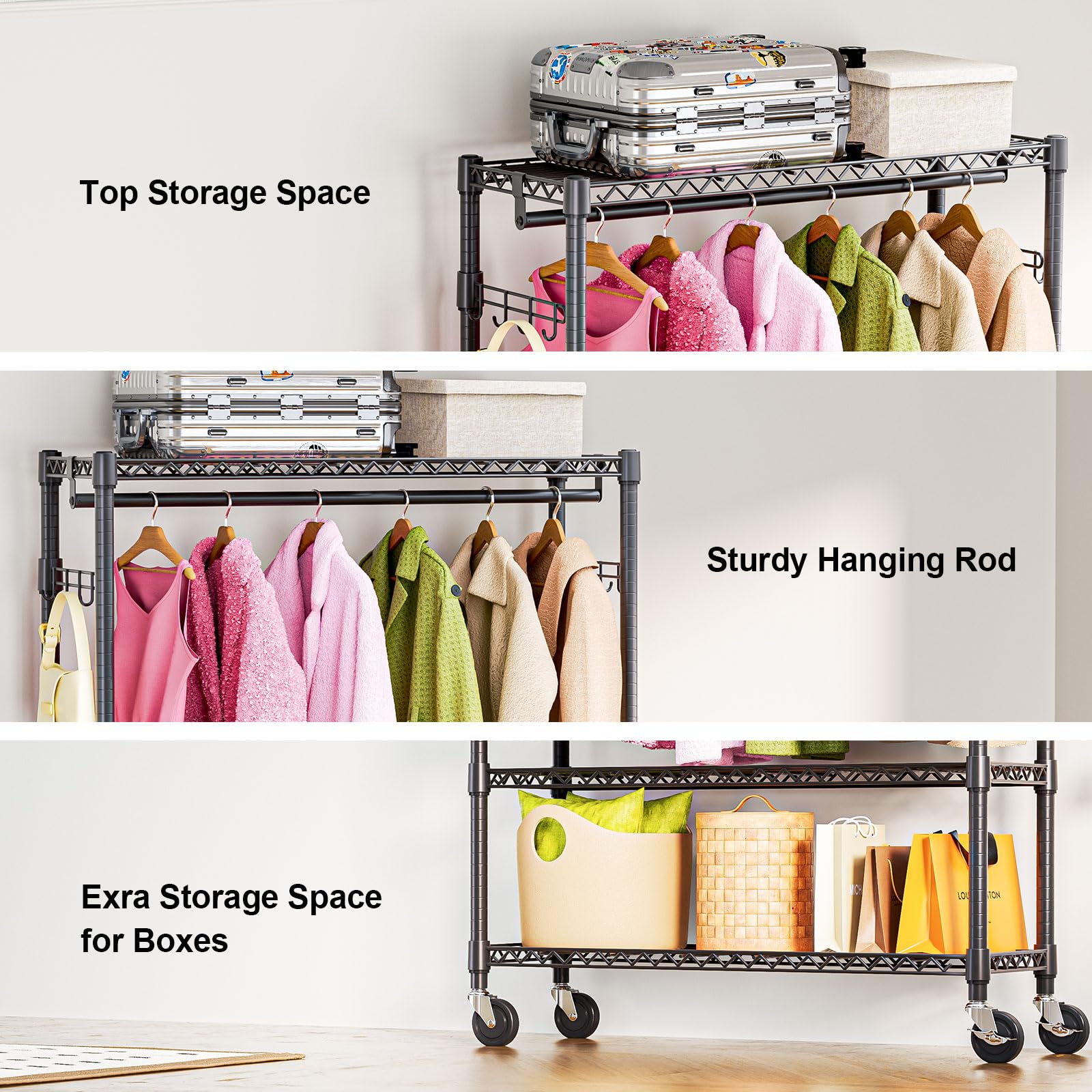 Heavy Duty Rolling Garment Rack 3 Tiers Adjustable Wire Shelving Clothes Rack with 1 Rods and Side Hooks