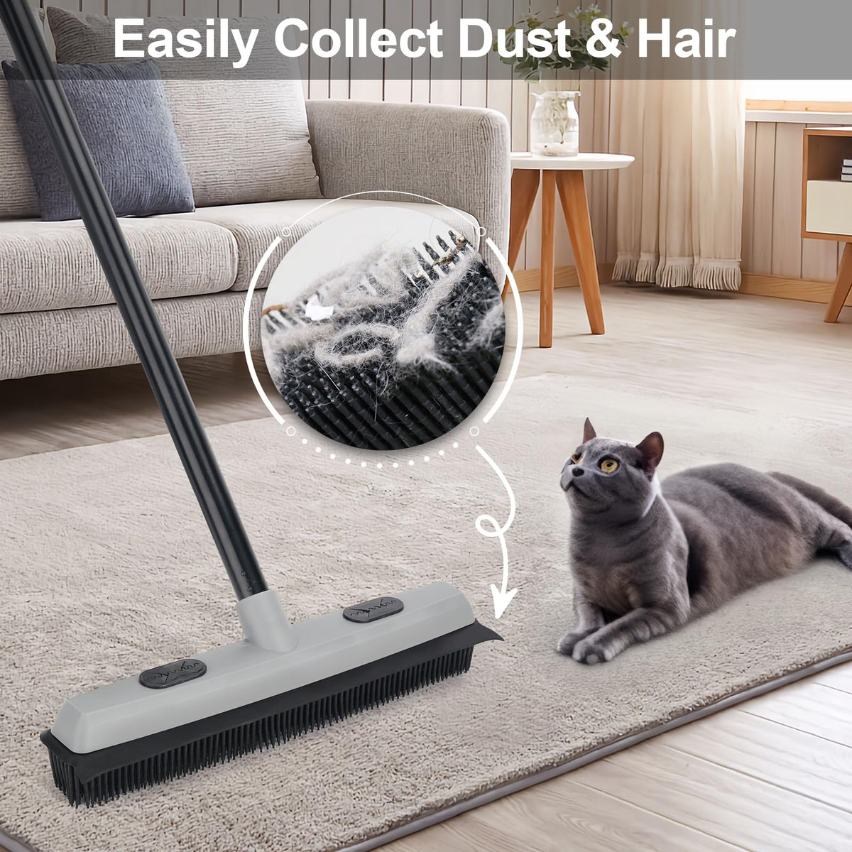 Pet Hair Removal Rubber Broom with Squeegee with 59" Long Handle