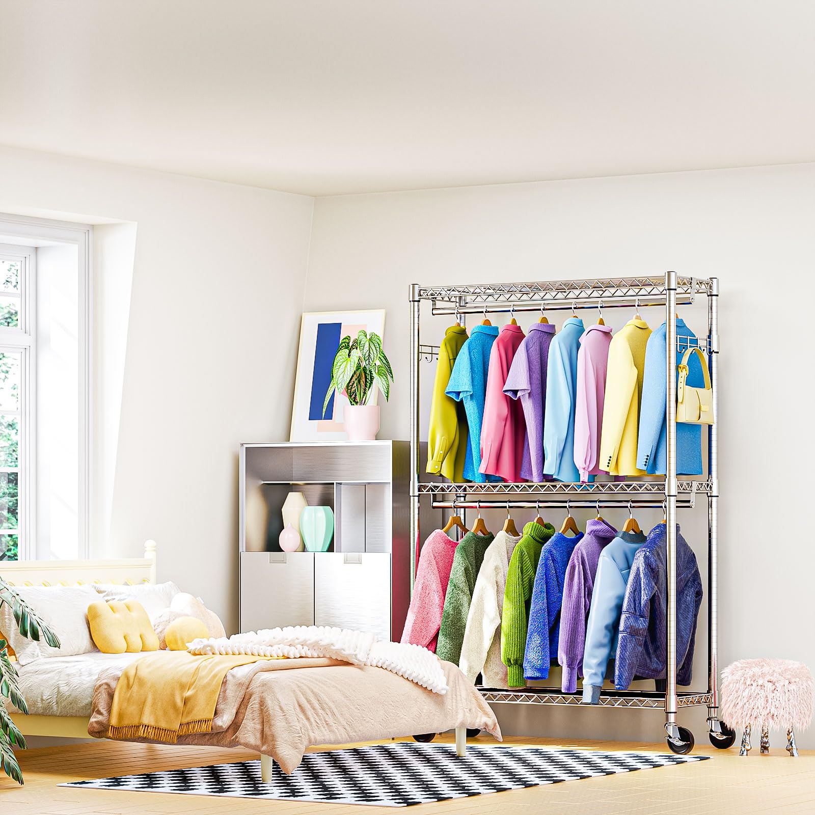 Heavy Duty Rolling Garment Rack 3 Tiers Adjustable Wire Shelving Clothes Rack with 2 Rods and Side Hooks